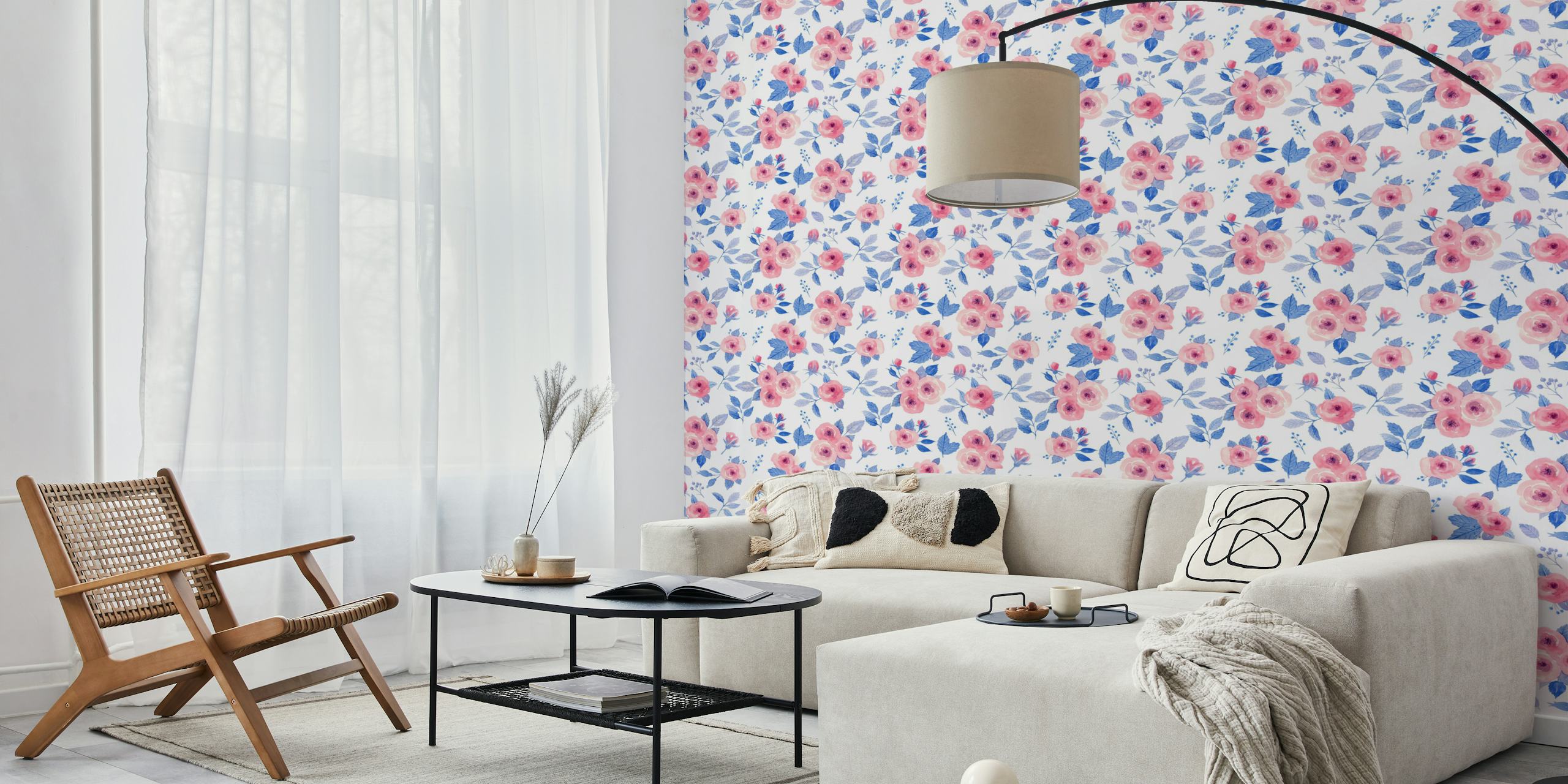 Watercolor roses in red and blue wallpaper design