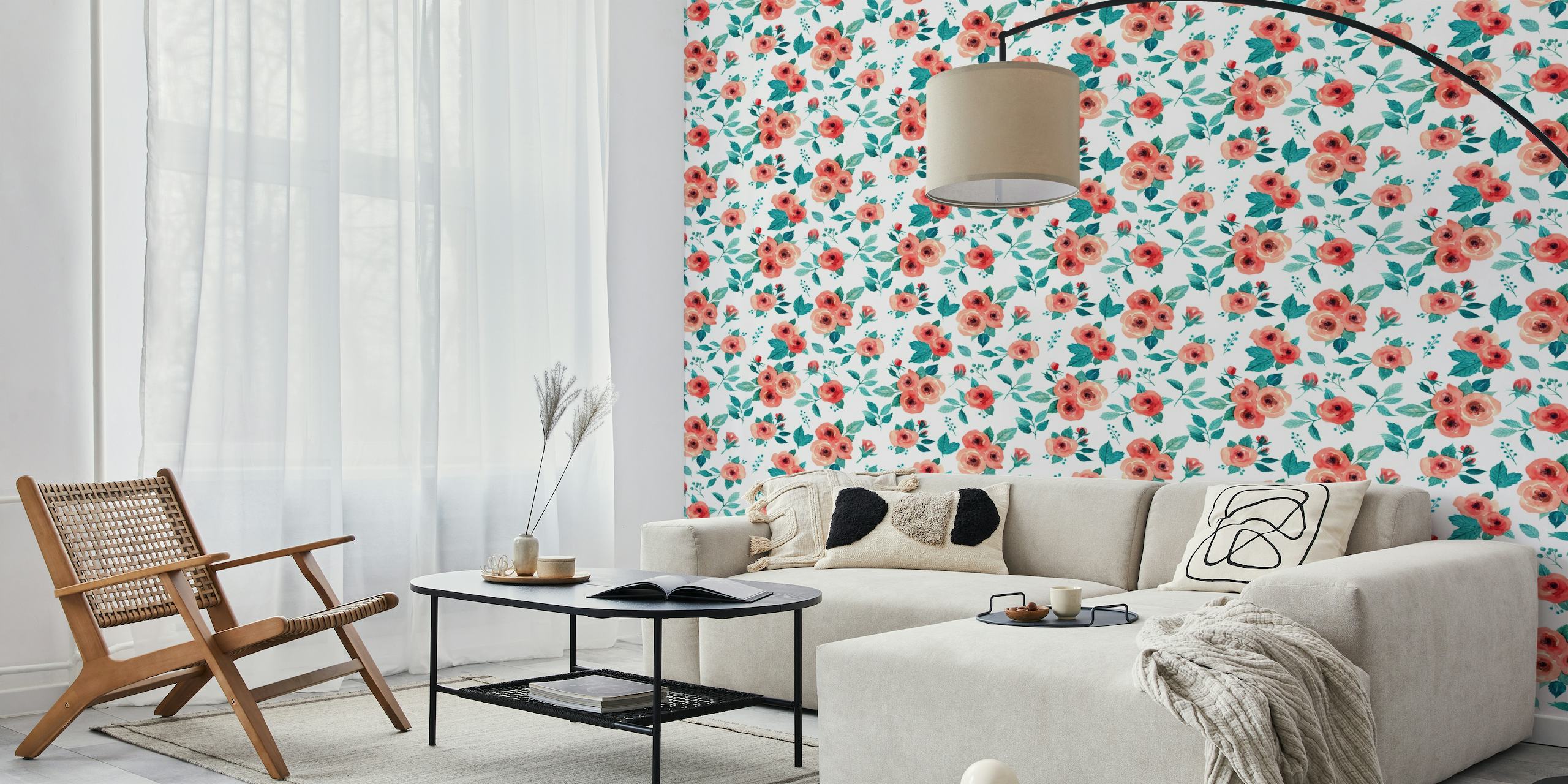 Loose watercolor roses in red and turquoise blue wallpaper