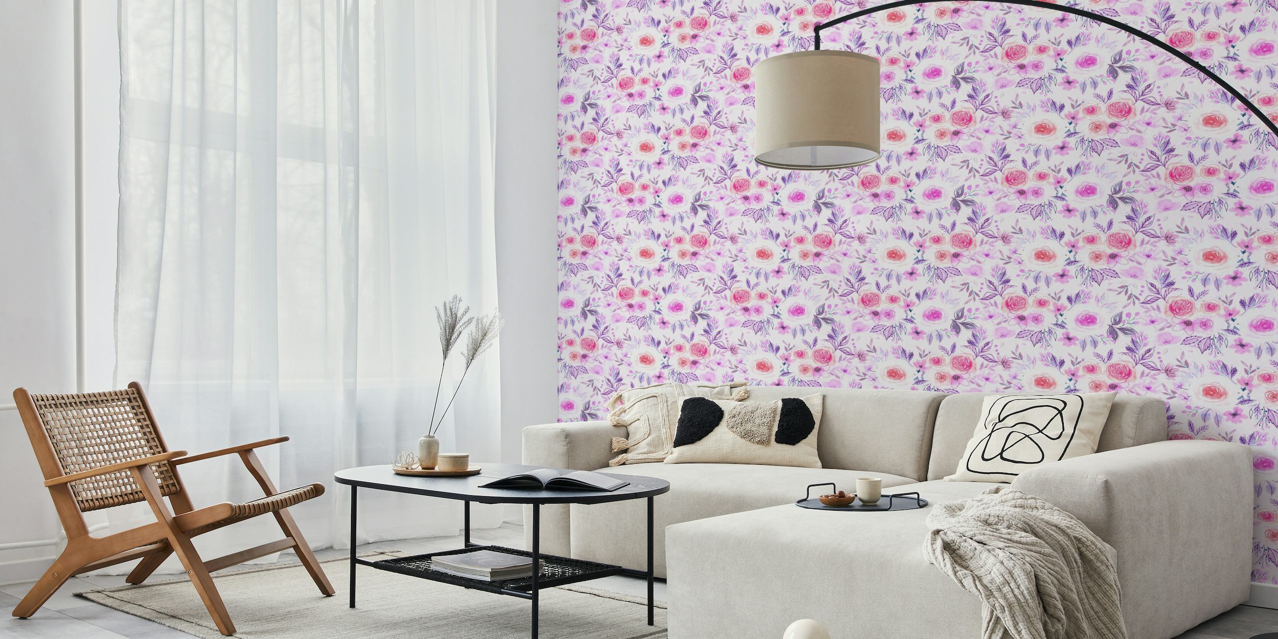 Watercolor flowers in pink and violet wallpaper