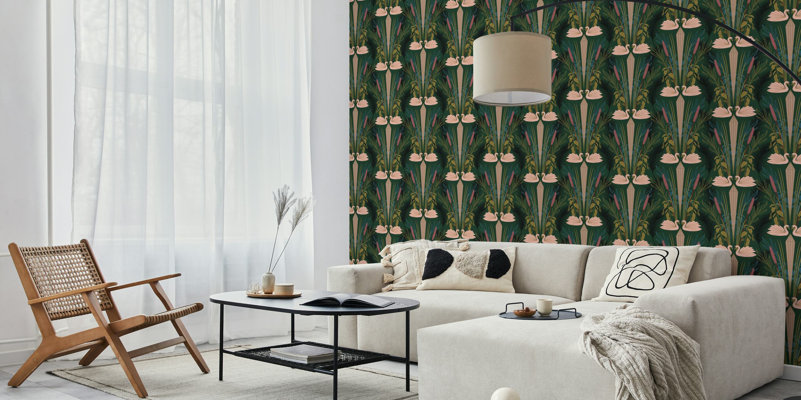 Elegant Pink Swans and Botanicals Wallpaper