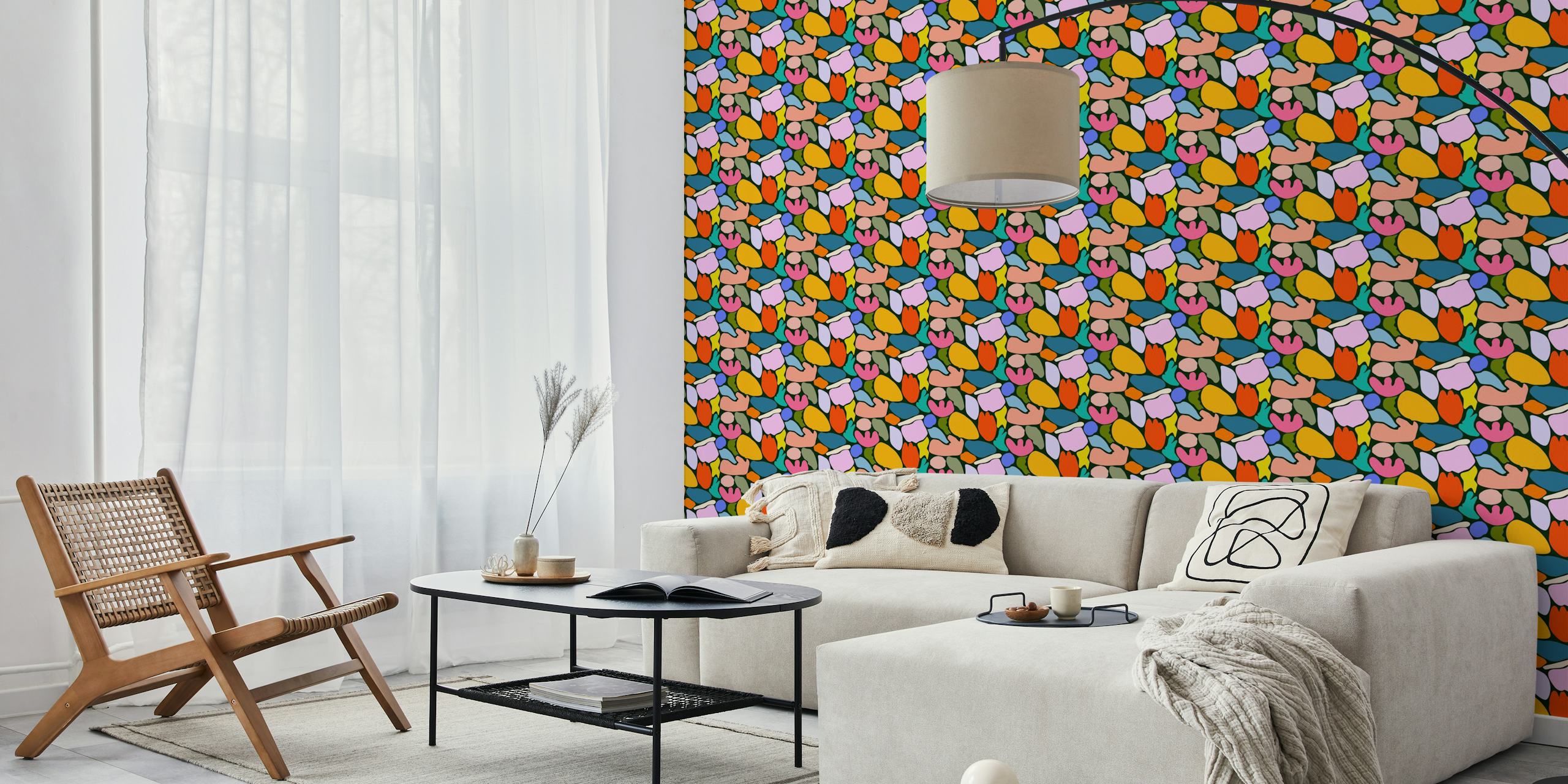 Abstract floral wall mural on a black background with colorful shapes