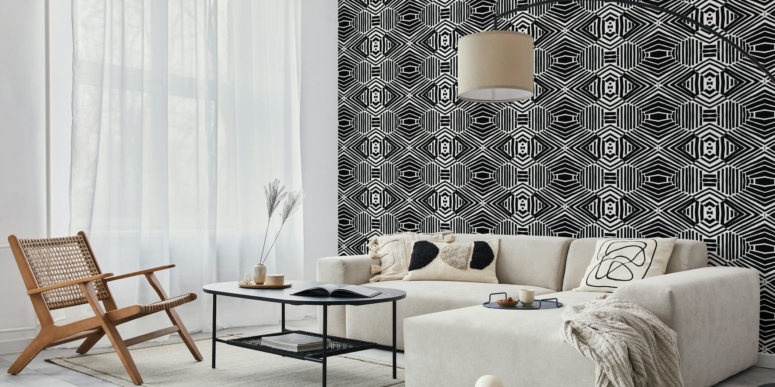 Geometric striped black and white wallpaper with tribal motifs