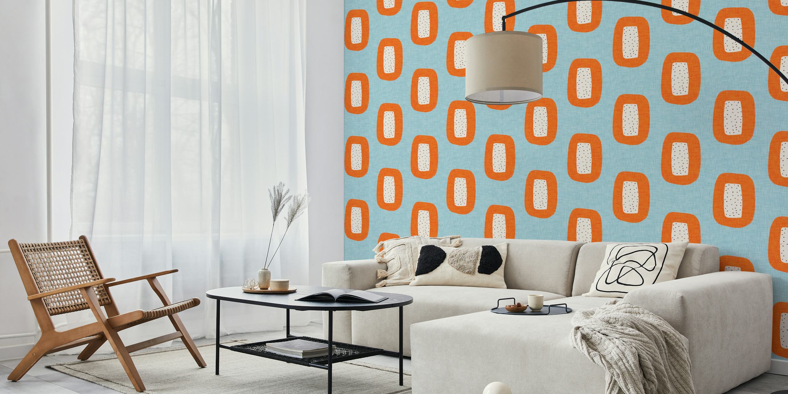 Geometric blue and orange shapes with polka dots wallpaper
