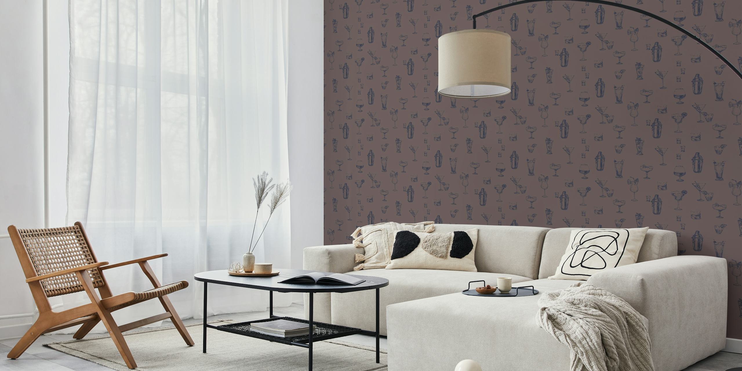 Vintage cocktail glass patterns in deep purple and navy wallpaper