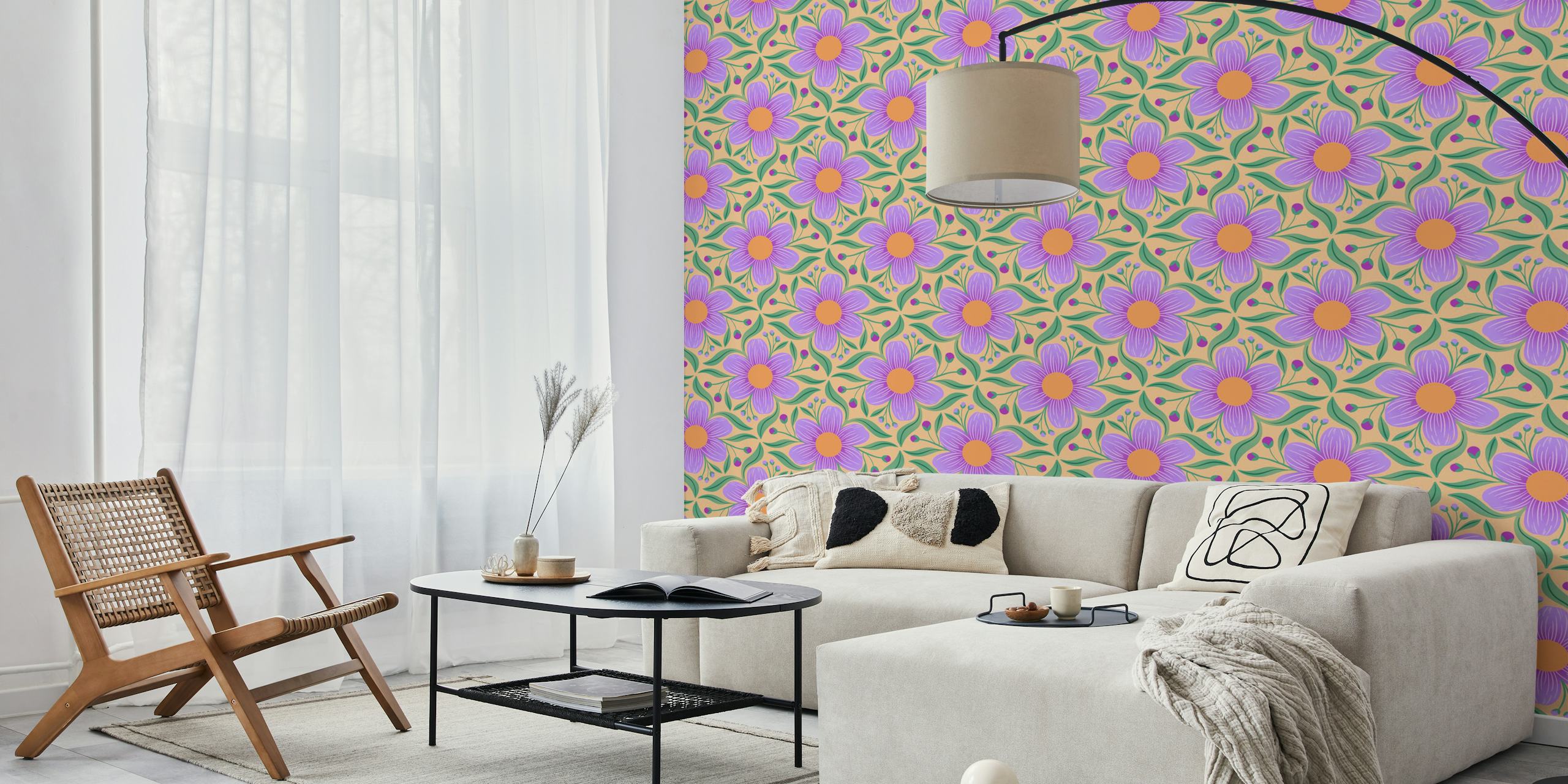 Vibrant purple flowers with green leaves on orange background wallpaper