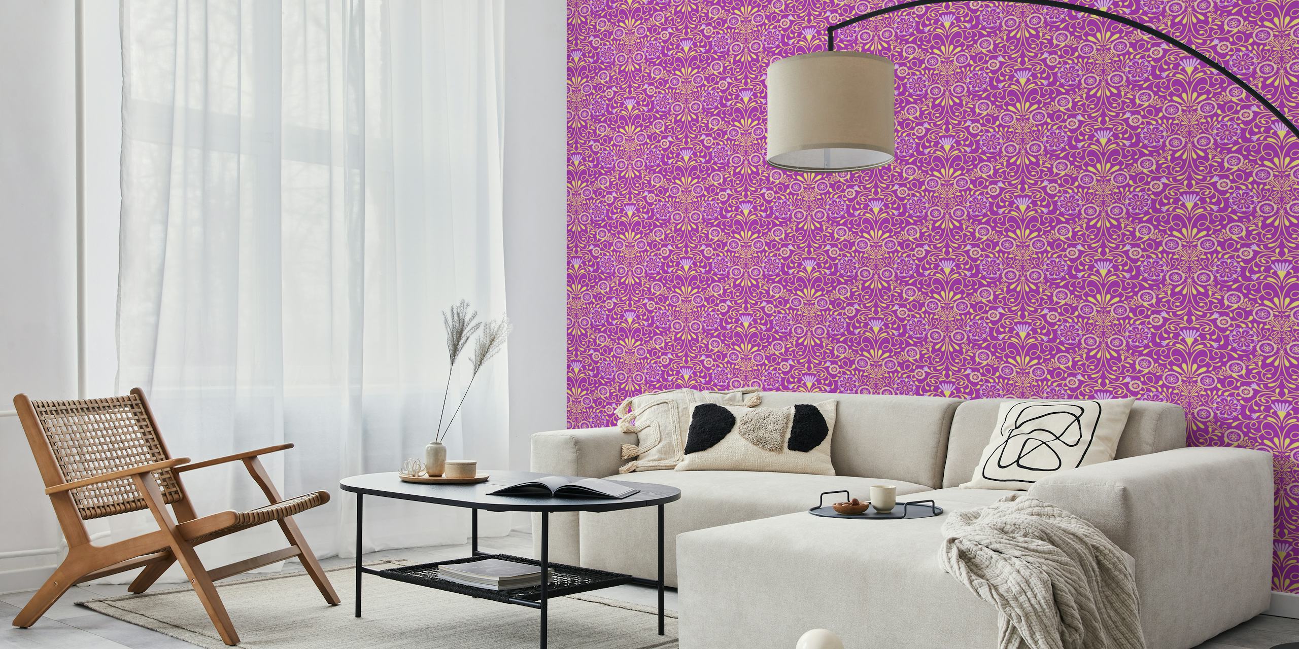 Colorful floral patterns in magenta, yellow, and purple wallpaper