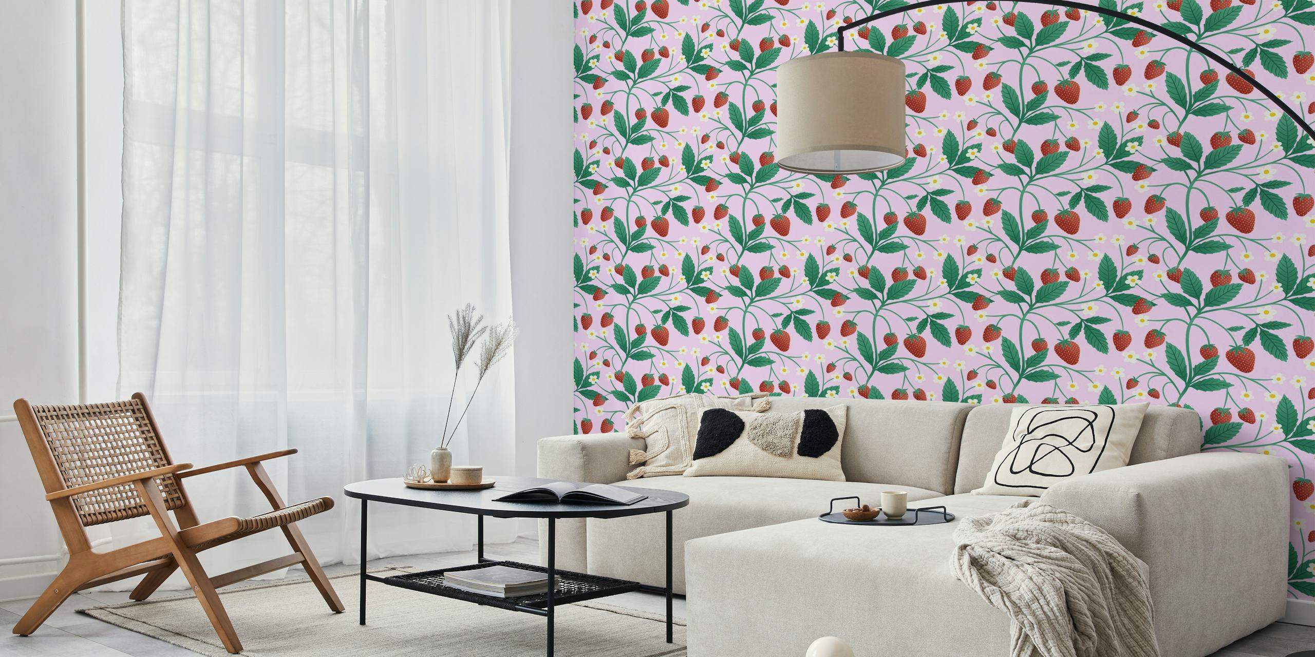 Behang met Strawberry on Pink-patroon in een kamer