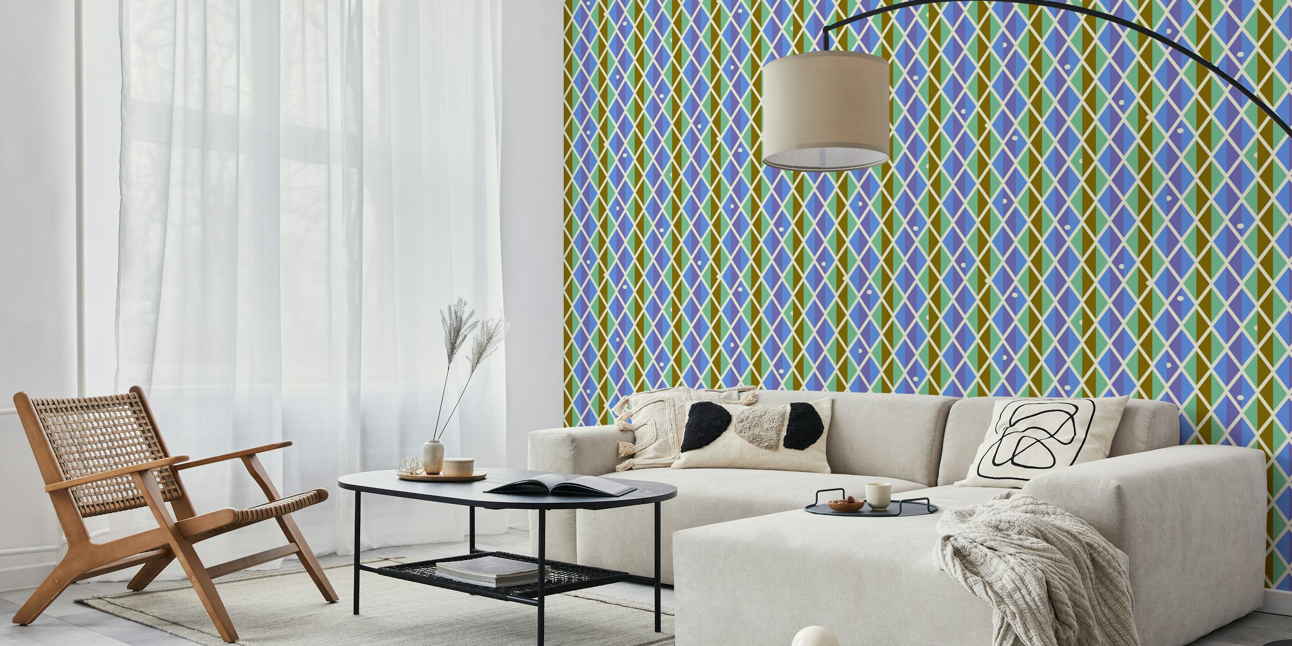 Harlequin pattern in periwinkle, mint, moss colors retro wallpaper