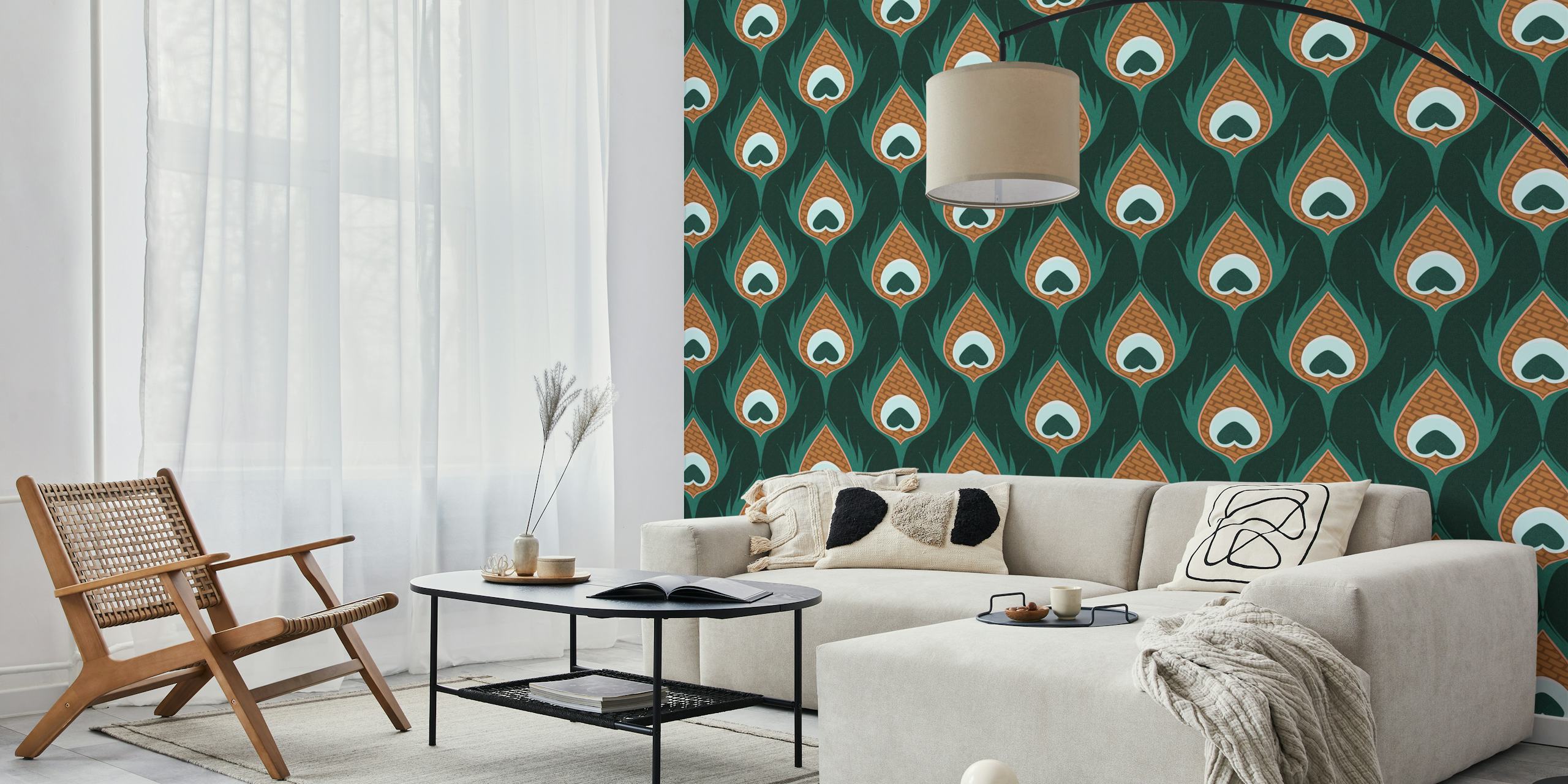Regency Peacock Feathers zidni mural sa stiliziranim zelenim dizajnom perja u tonu cigle