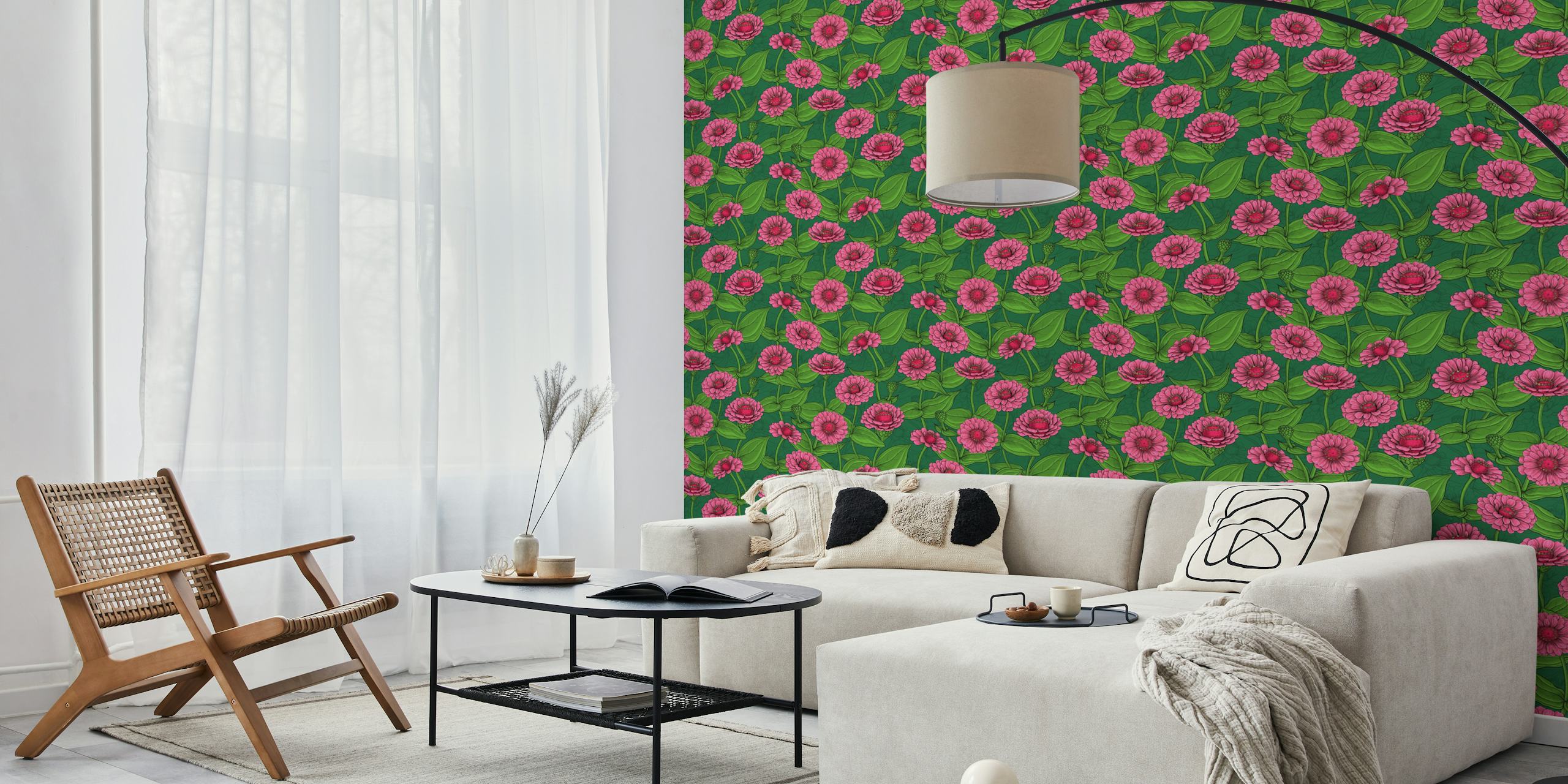 Pink zinnias with green leaves floral wallpaper