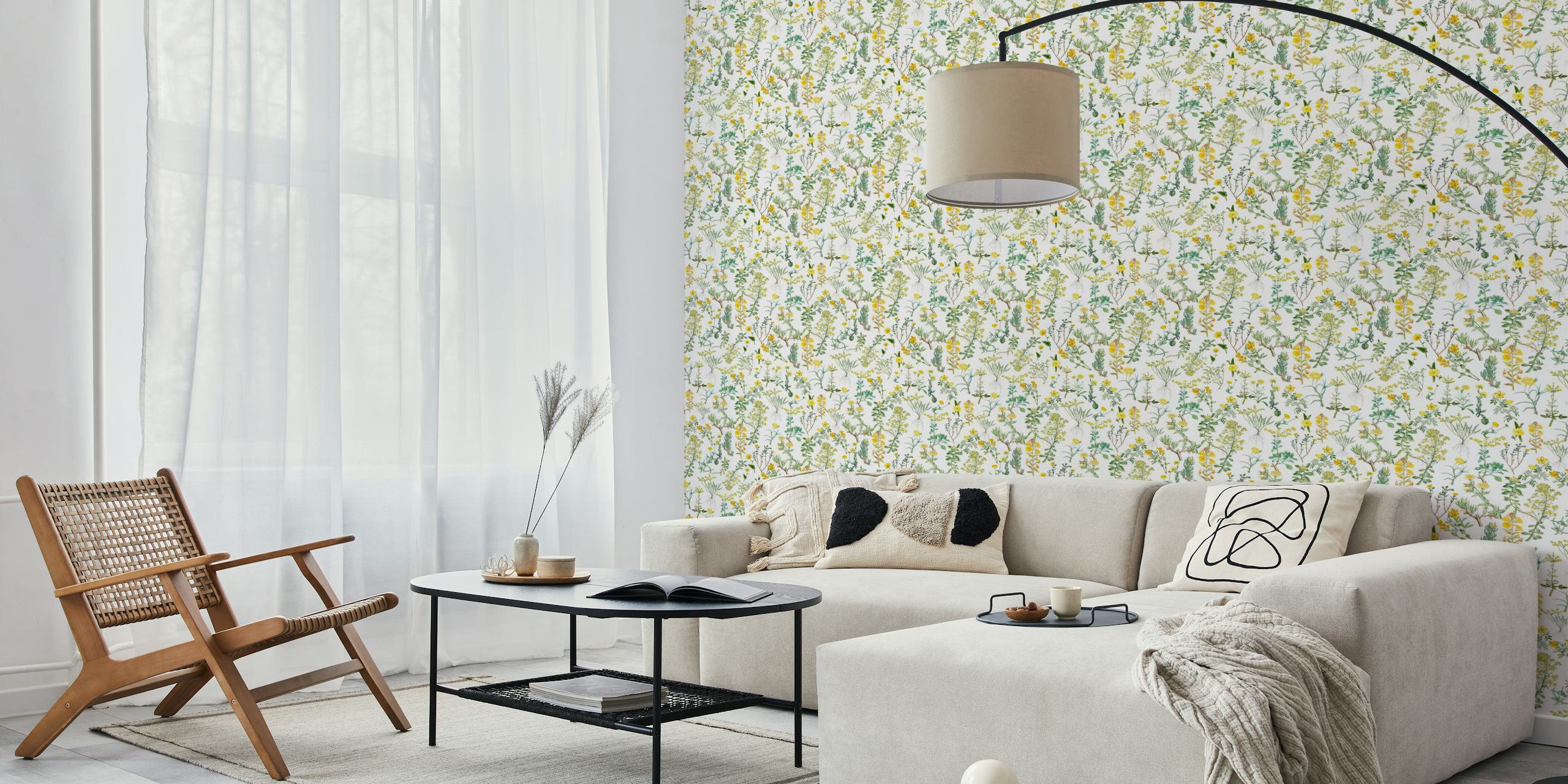 Padrão amarelo de flores silvestres e ervas no papel de parede representando uma cena de floresta de outono vintage