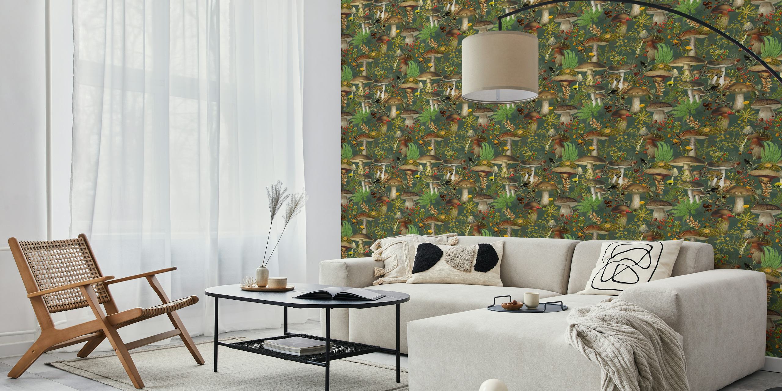 Motifs de champignons et feuillages colorés sur fond vert wallpaper