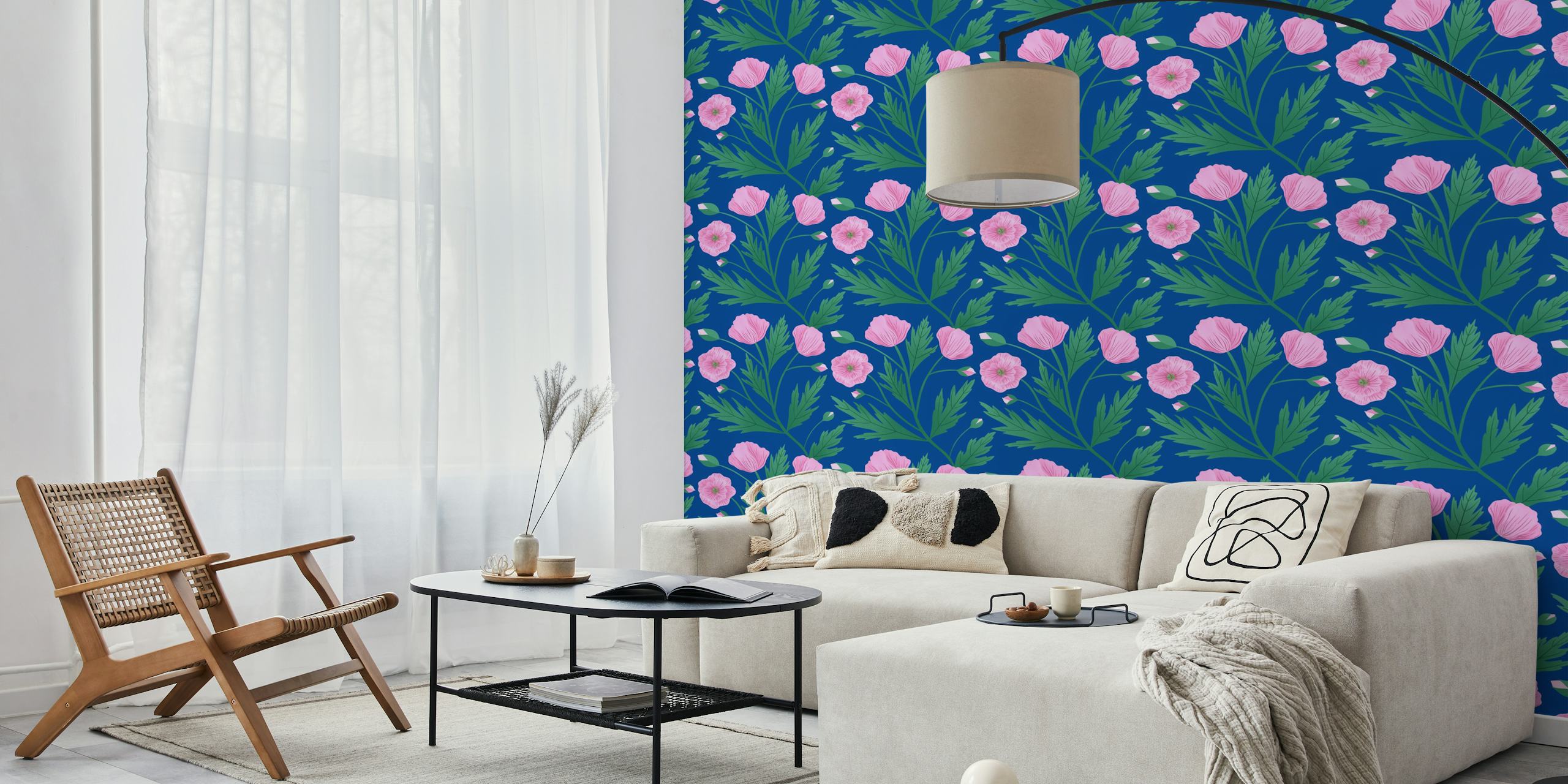 Pink poppies with green leaves on a blue background wall mural