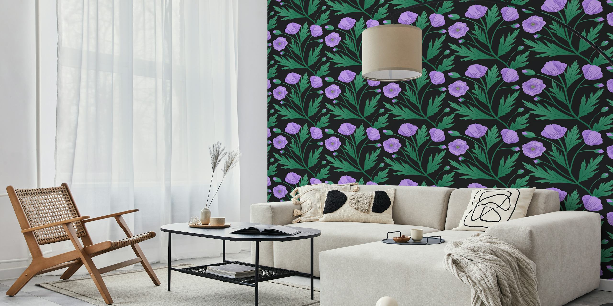 Purple poppies and green leaves on black wallpaper
