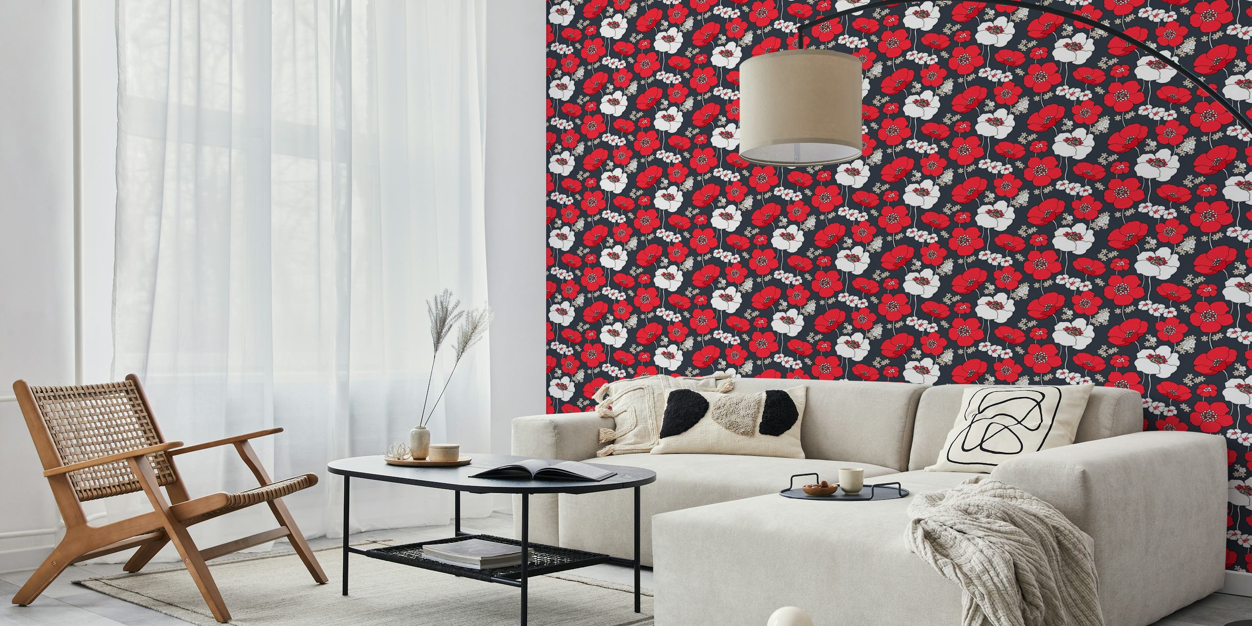 Red poppies and white flowers on dark background wallpaper
