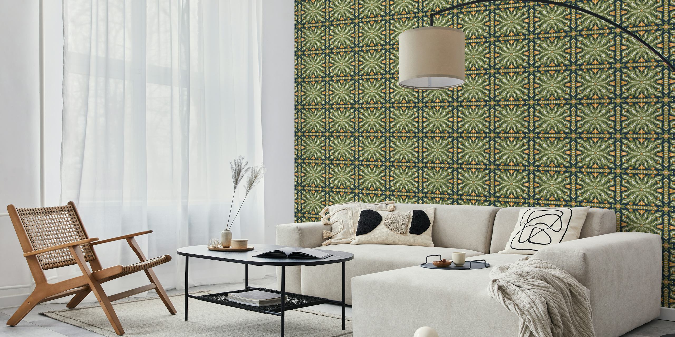 Green symmetrical garden pattern wall mural with intricate nature-inspired designs and gold accents.