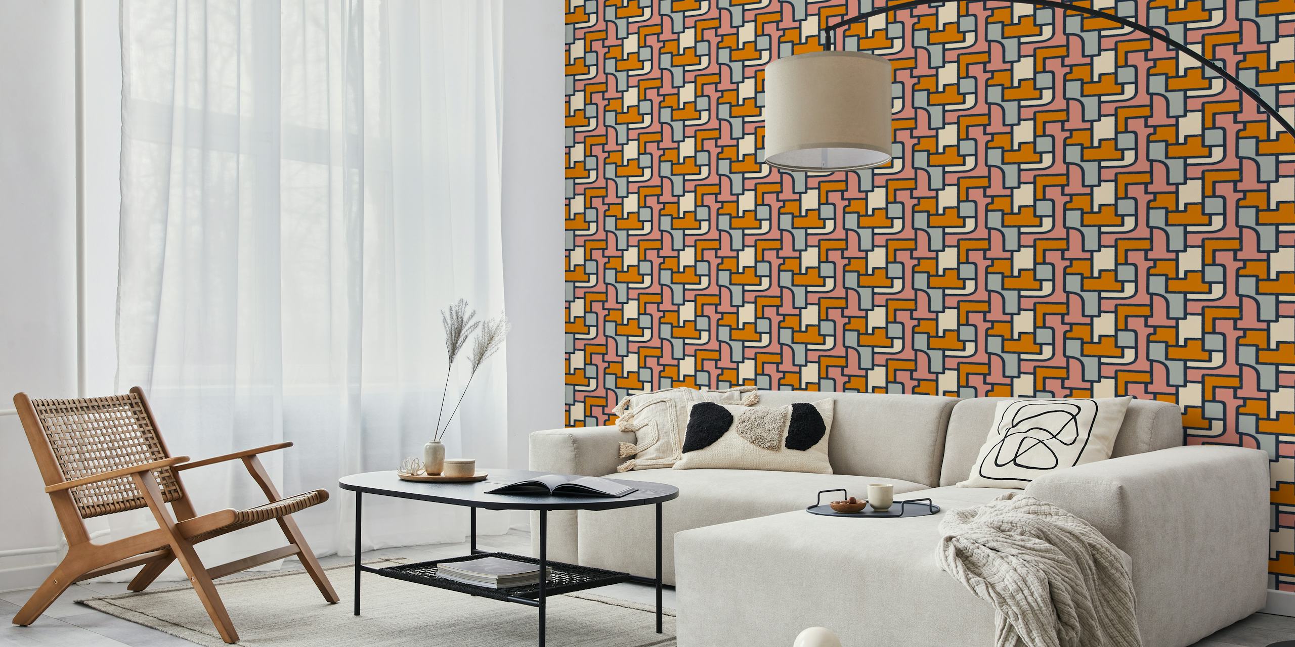Mural de parede de formas abstratas coloridas com formas e linhas entrelaçadas em laranja, rosa, creme e cinza