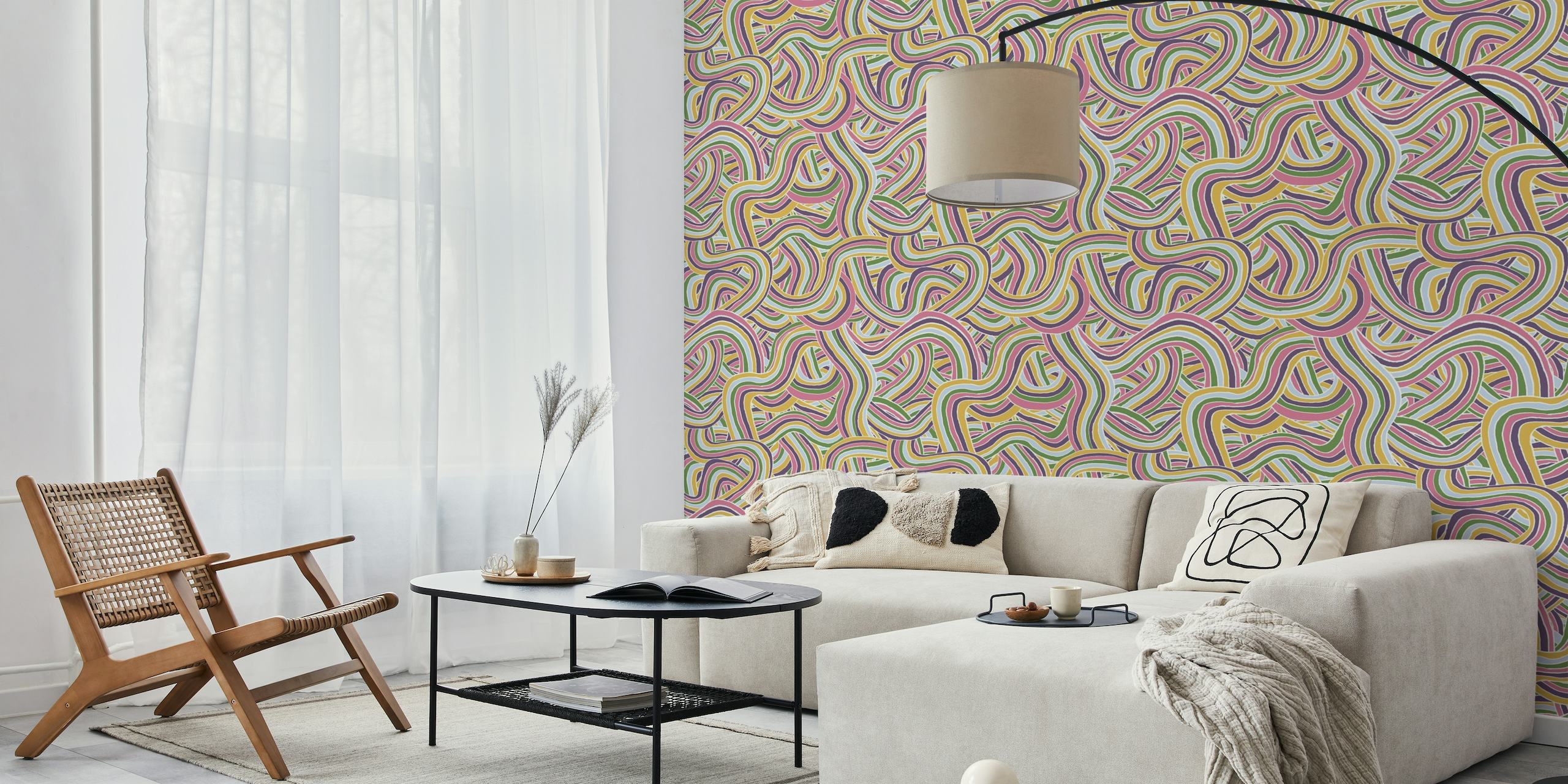 Colorful abstract handmade lines and stripes with spring colors in a wall mural