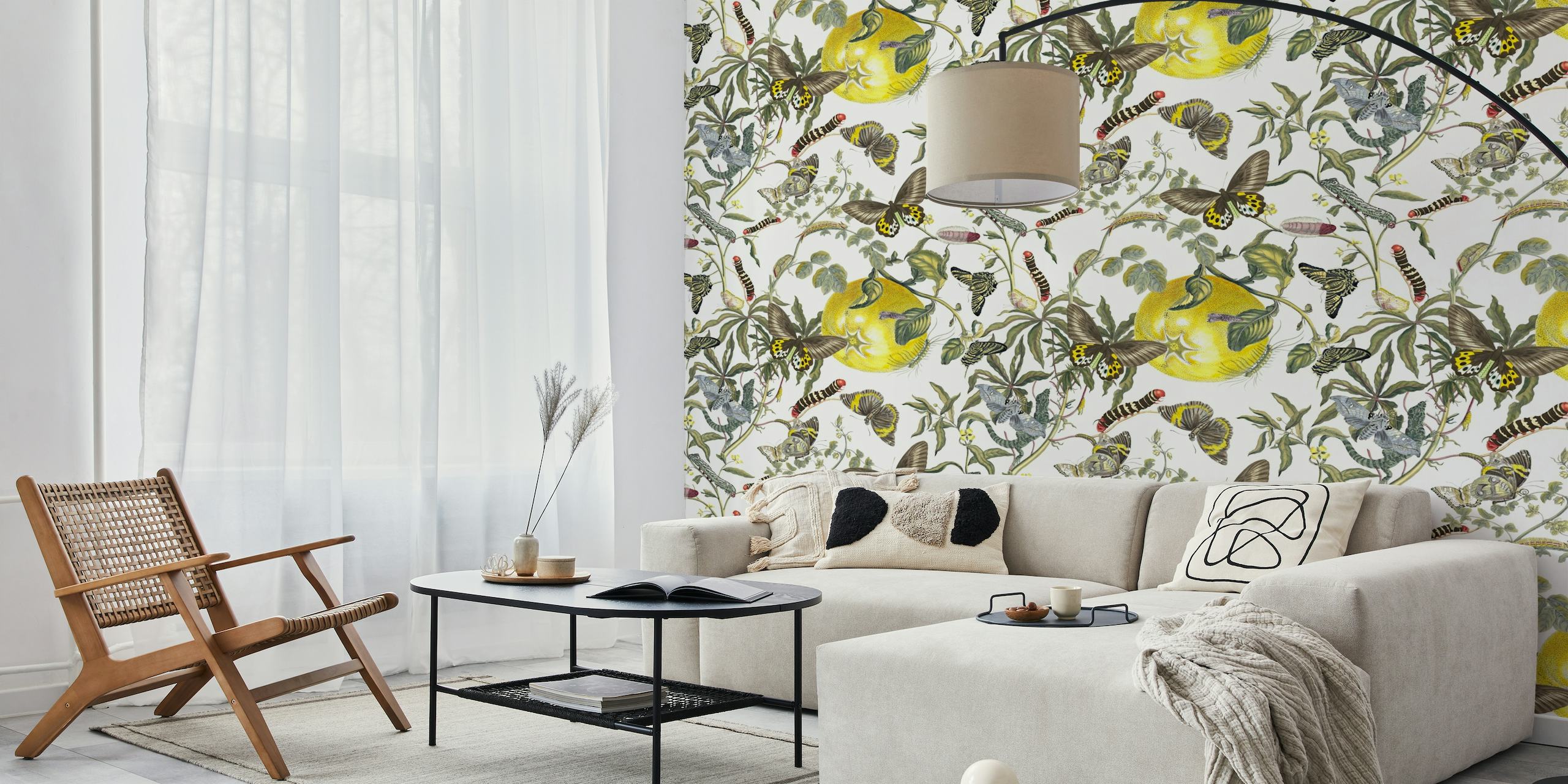 Botanic Fiorenzo wall mural depicting butterflies, birds, and foliage on a light background
