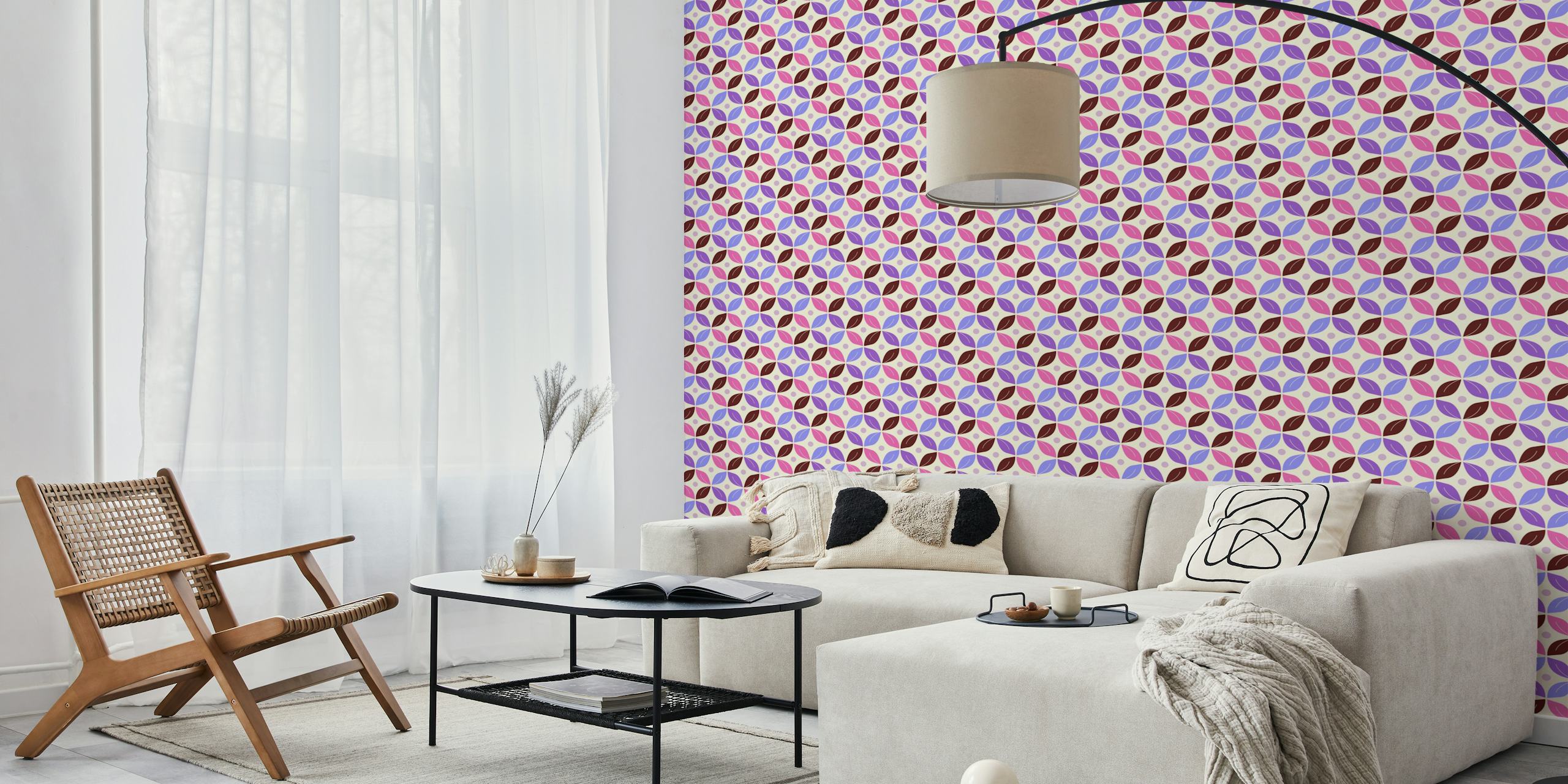 Colorful retro floral pattern with pink, purple, and fuchsia shapes wallpaper