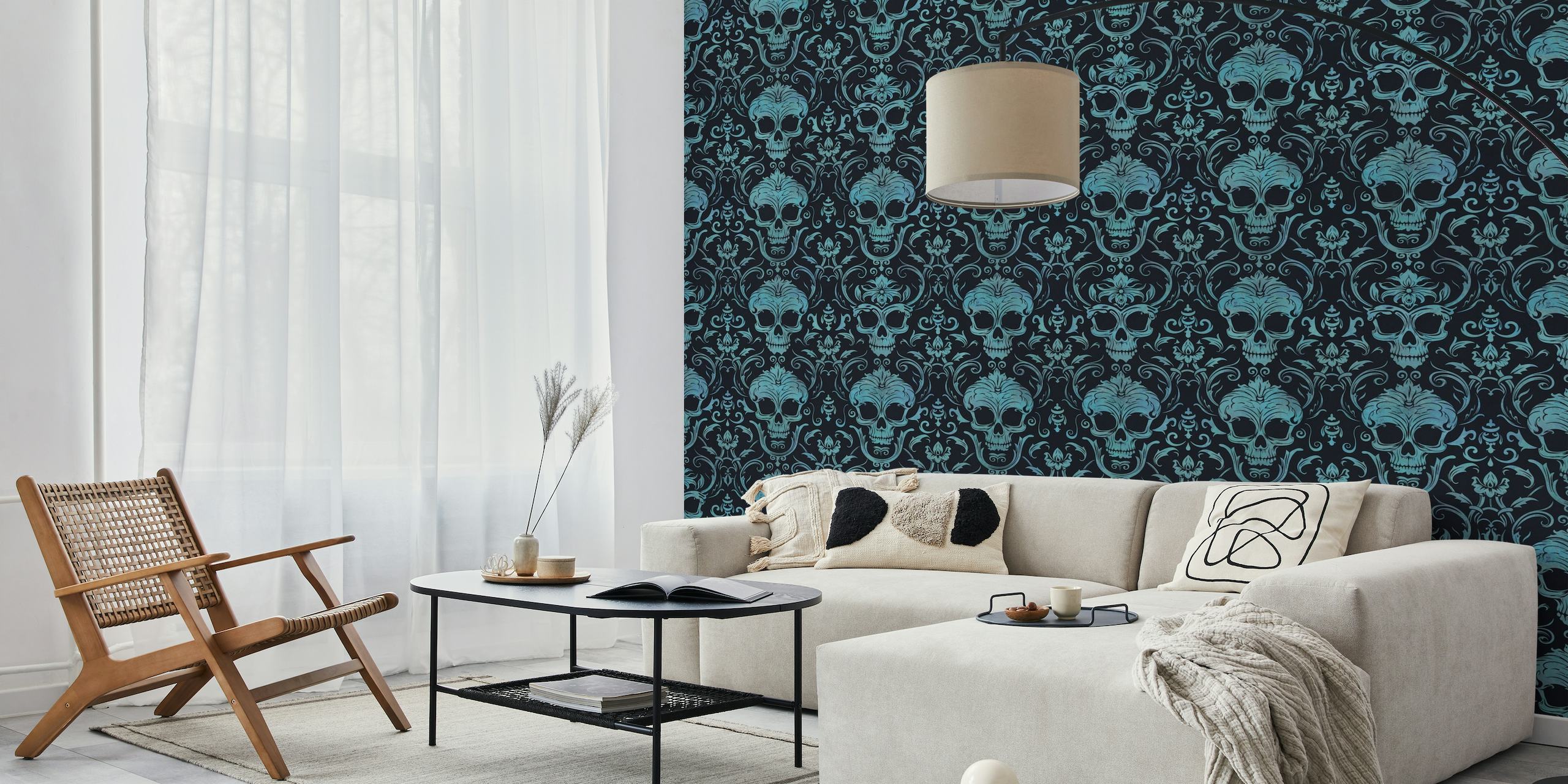 Dark Gothic Elegance Skull Damask Pattern Teal Black wallpaper