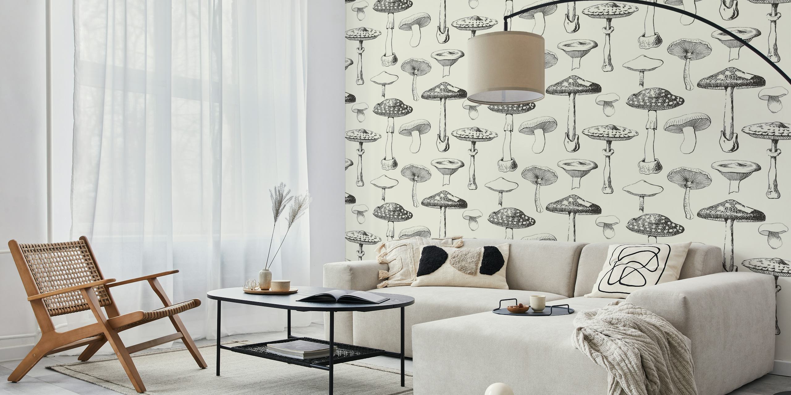 Black mushroom illustrations on a cream background wallpaper