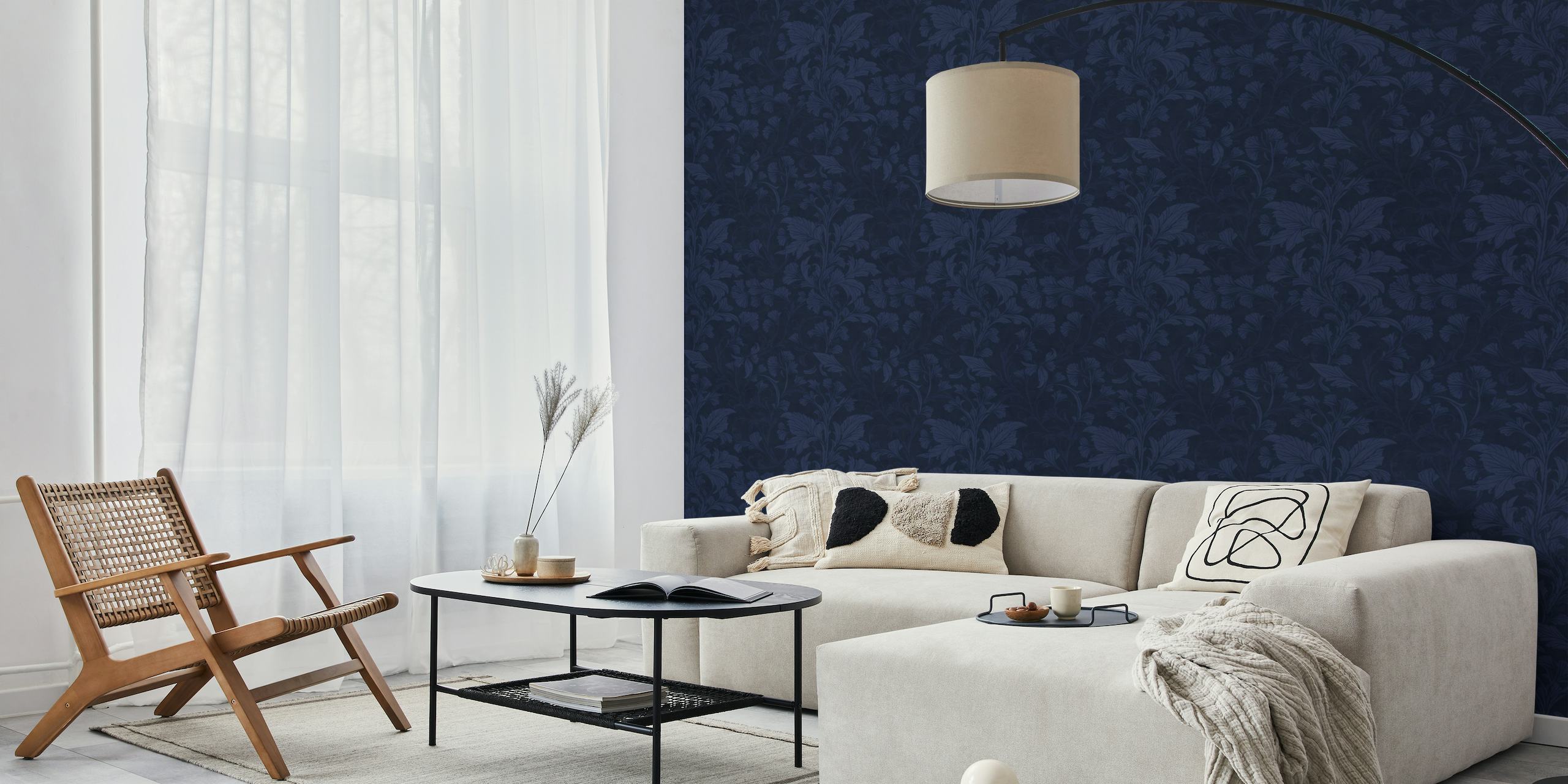 William Morris Style Monochrome Flourish Damask Pattern Midnight Blue tapetit