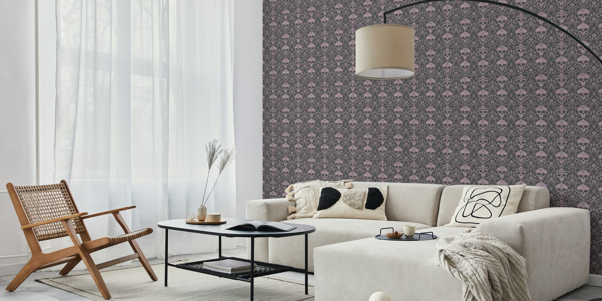Gothic skull damask pattern in pastel pink and dark shades wallpaper