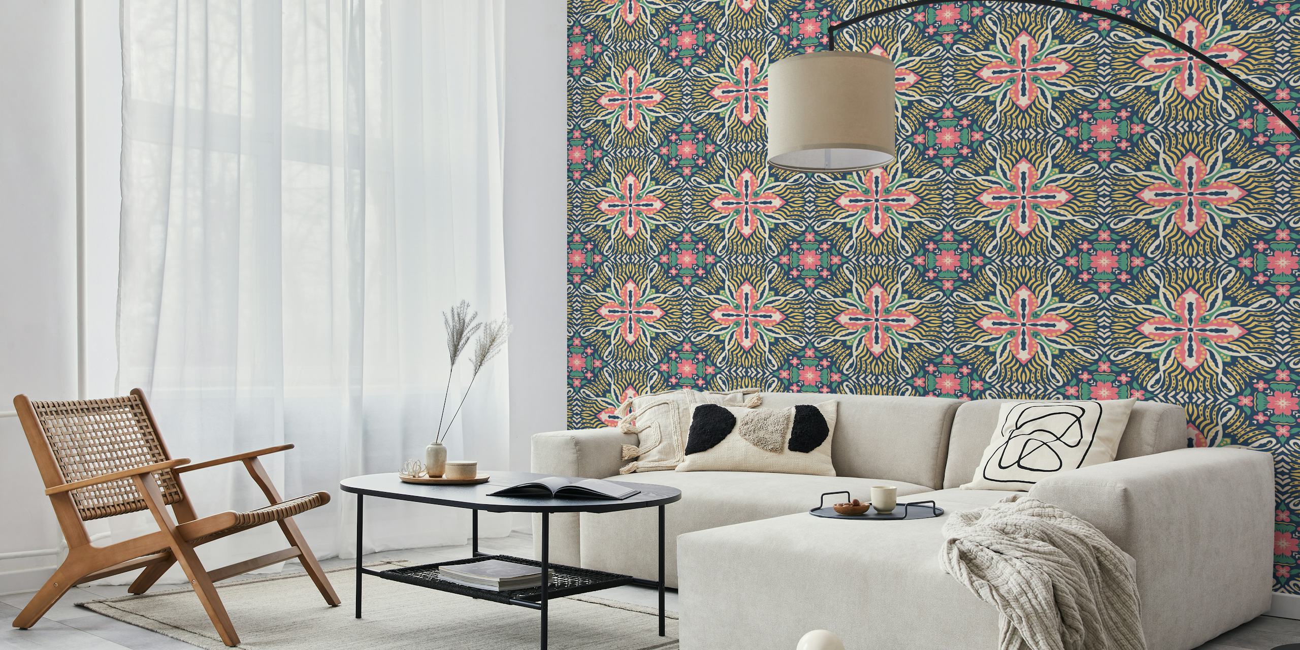 Colorful floral pattern wallpaper with pink, green, and yellow hues