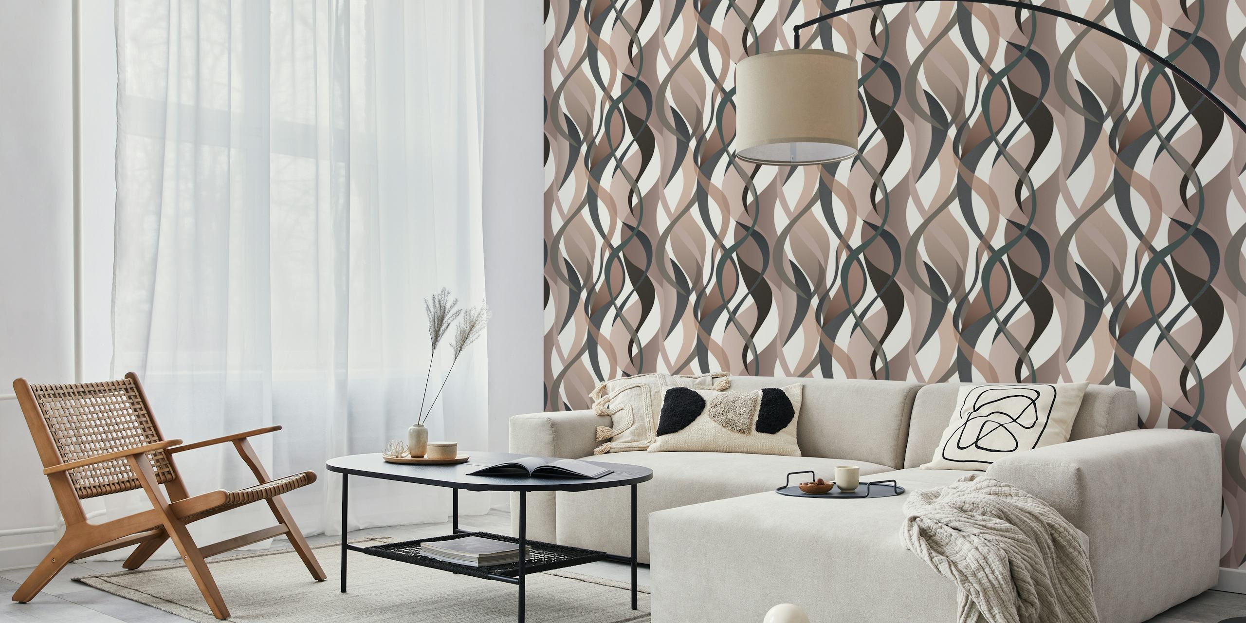 Abstract curves wall mural in beige, taupe, and brown