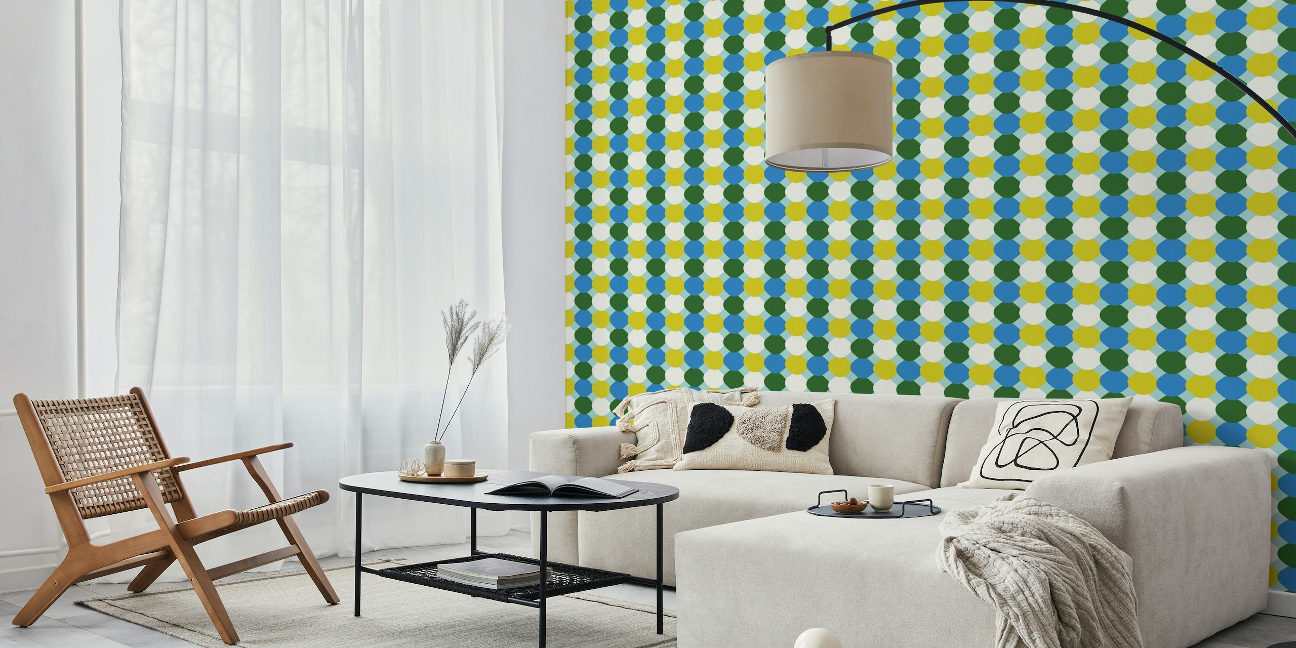 Retro style wall mural with pattern of mint, green, and blue tiles.
