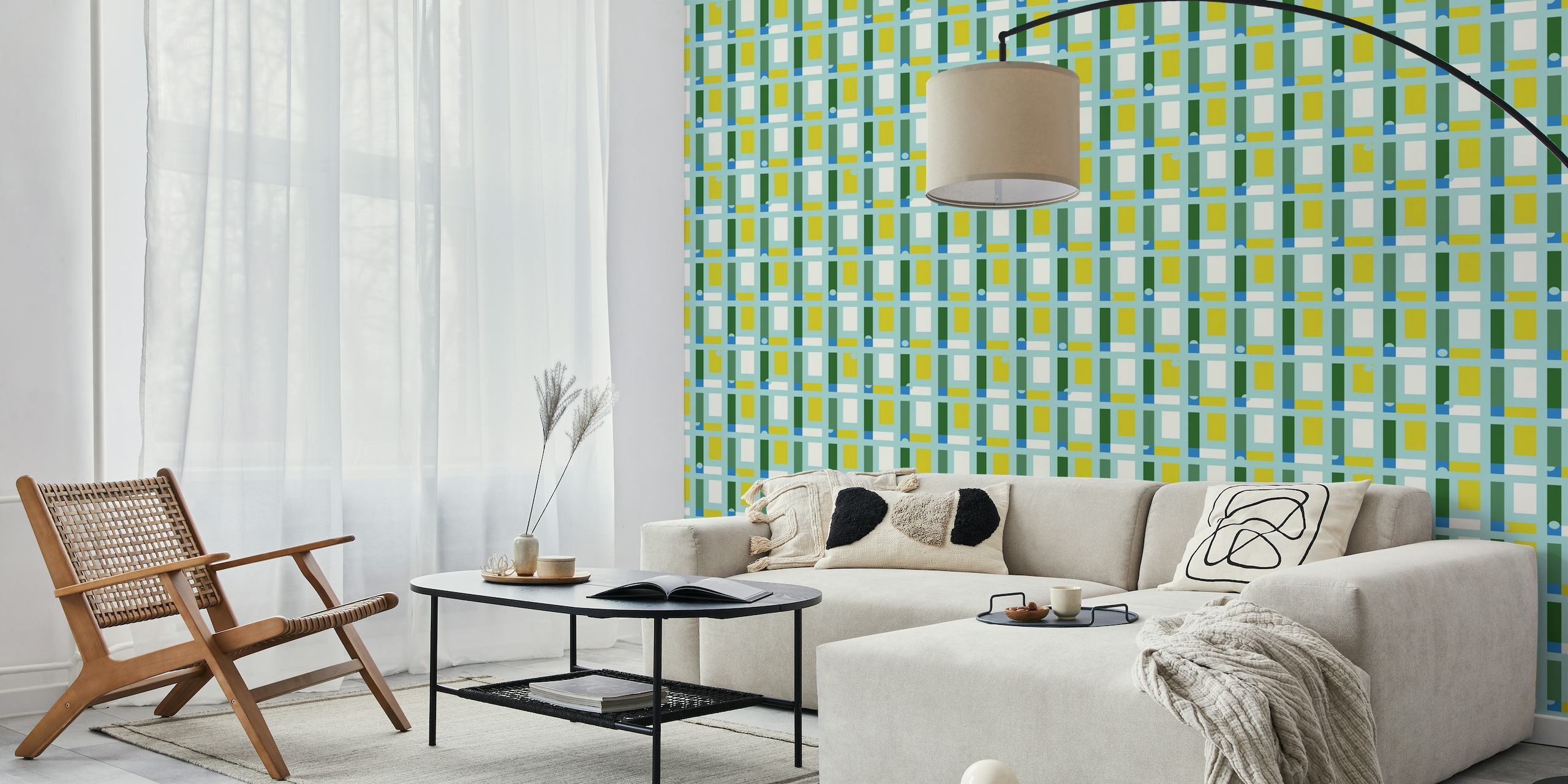 Retro checker pattern wall mural in fresh mint, green, and blue