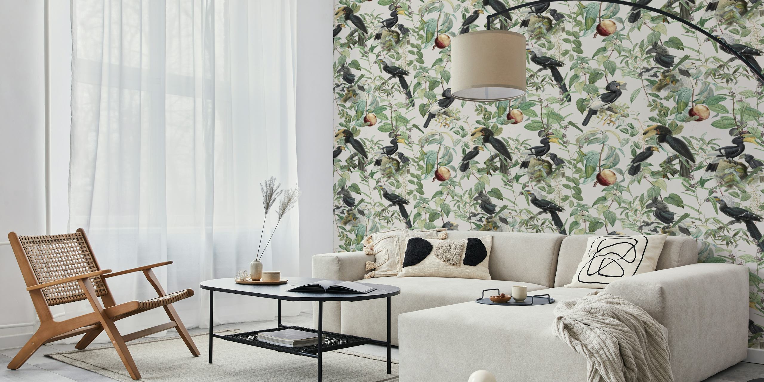 Colorful birds and leaves on a light background wallpaper