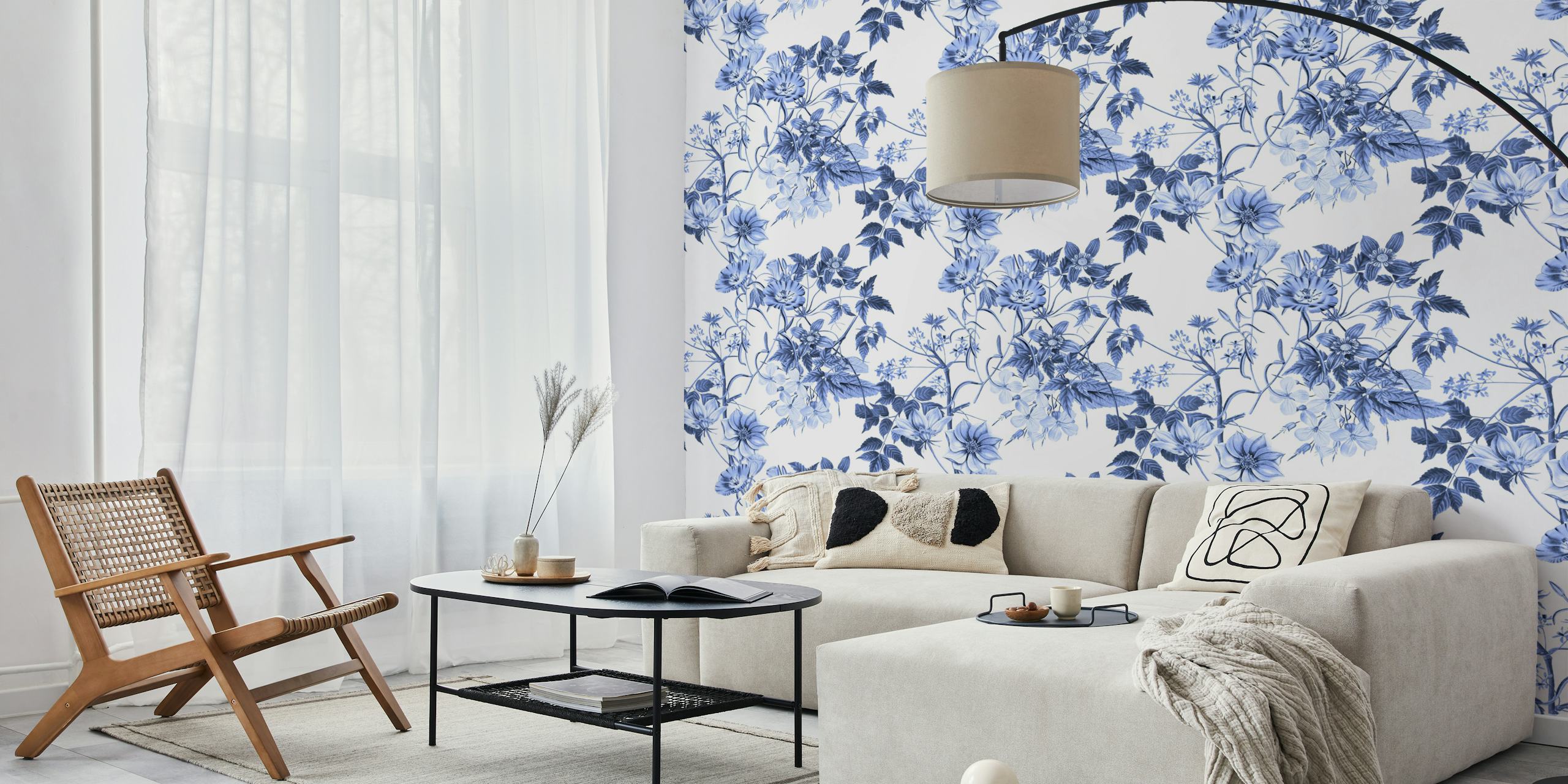 Fresh blue flowers wallpaper in a room