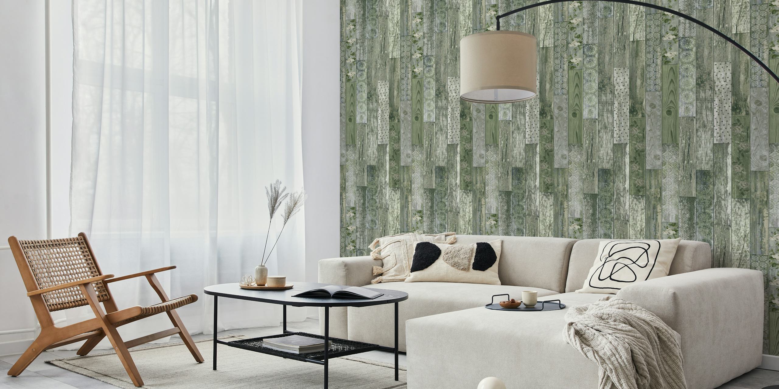 Vintage wood tiles pattern in green and gray with floral designs wallpaper