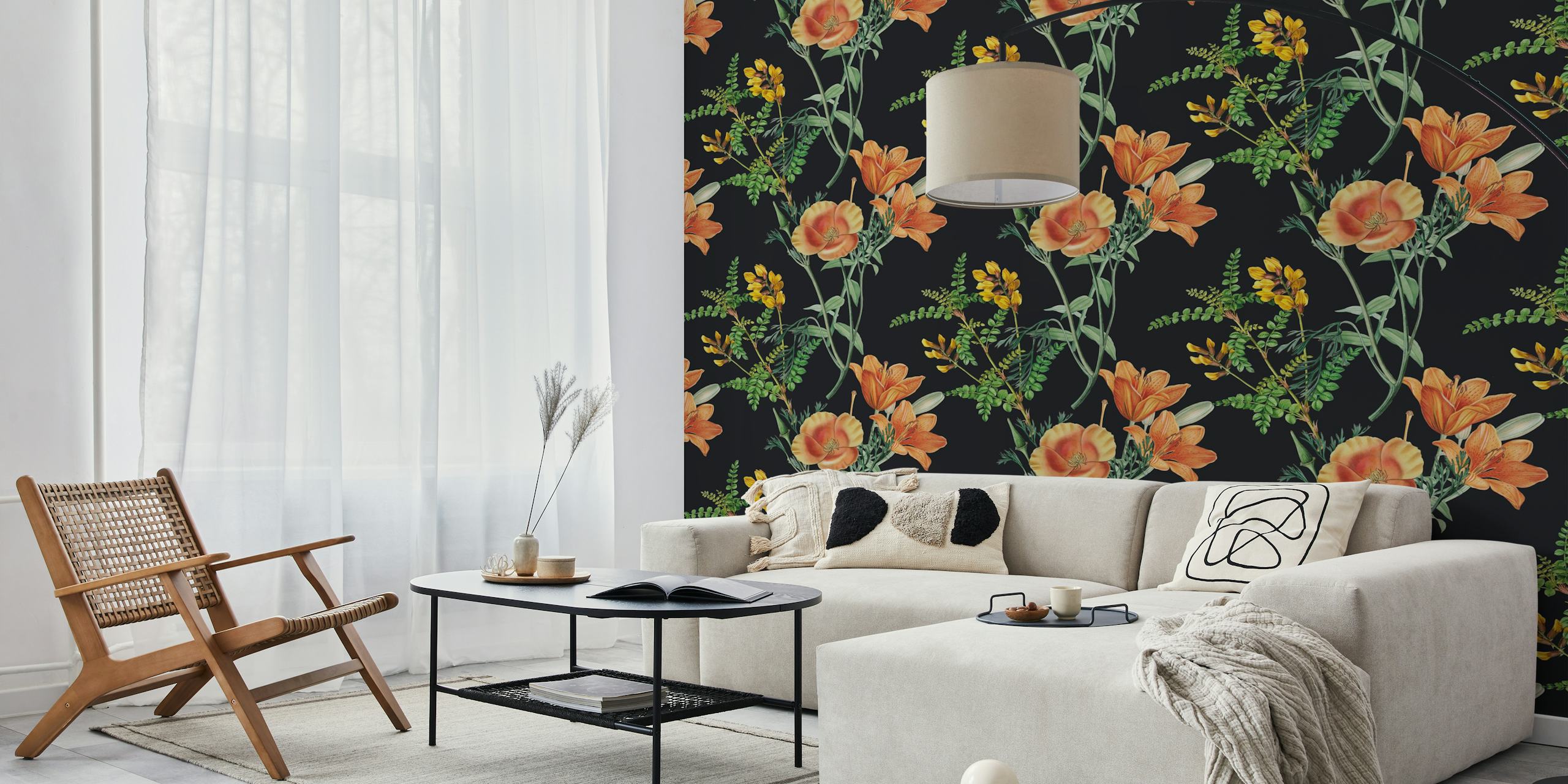 Orange floral pattern on black background wallpaper