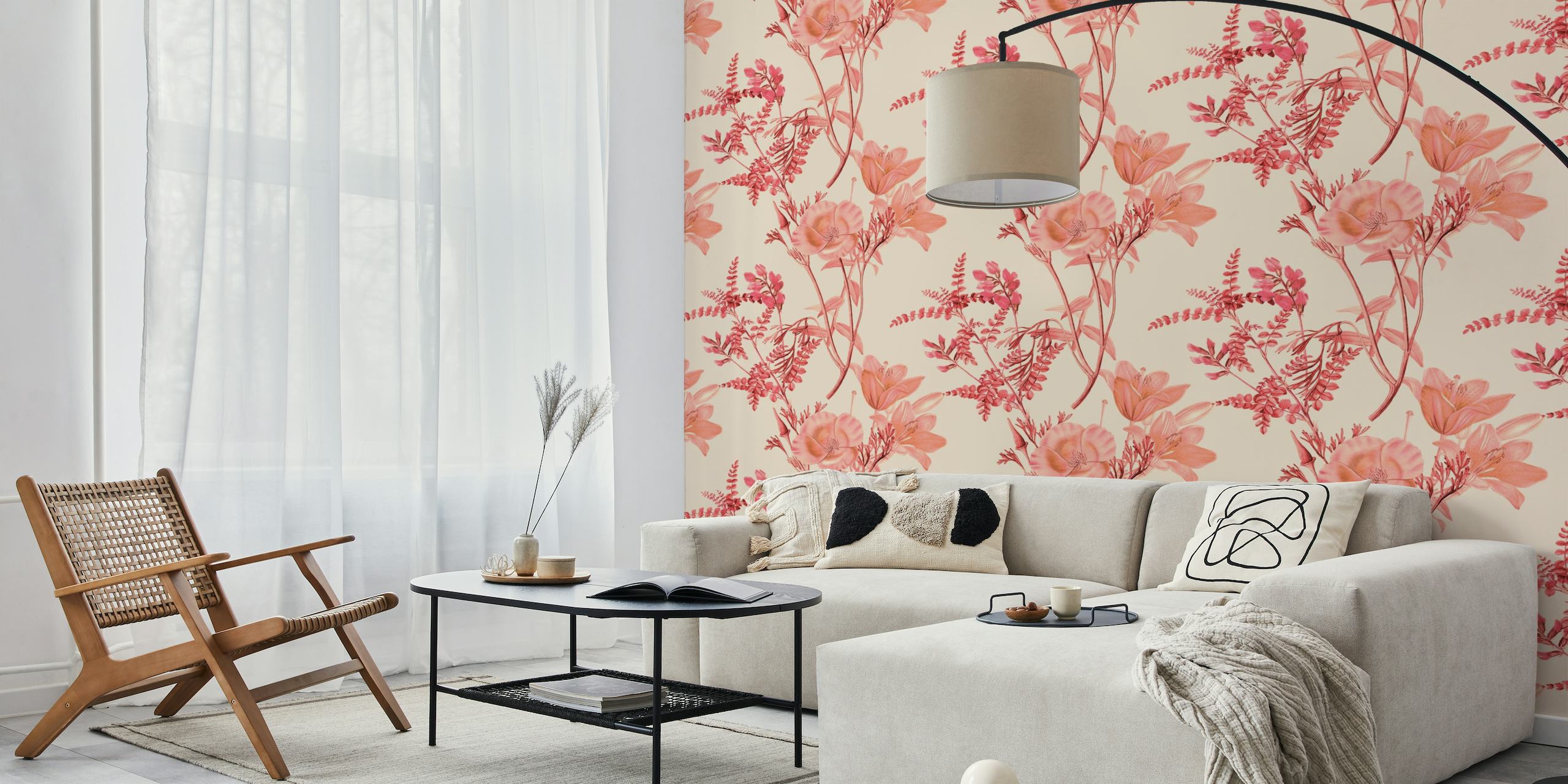 Peach Blush Flowers -seinämaalaus pehmeillä persikan sävyisillä kukinnoilla ja rehevillä lehdillä vaimealla taustalla