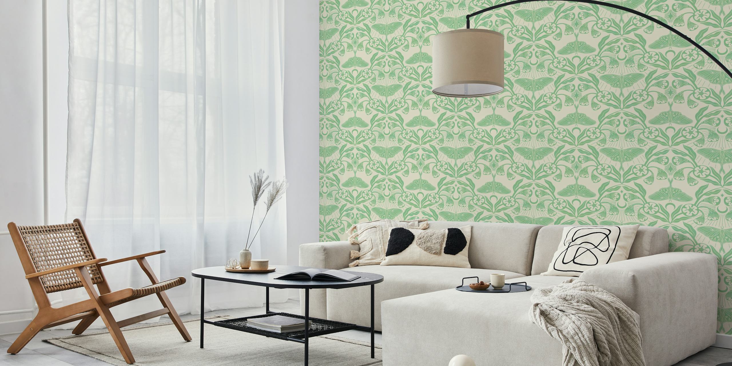 Luna moth and moonflowers in green floral wallpaper