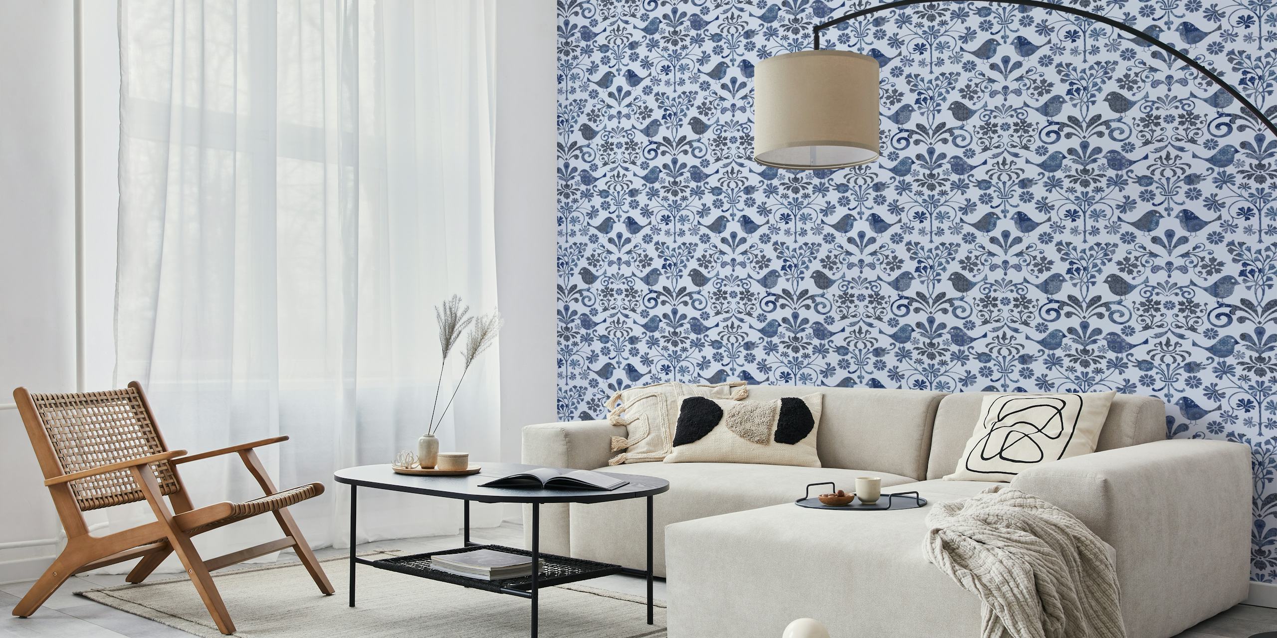 Scandinavian-style wall mural with birds and floral patterns in blue hues