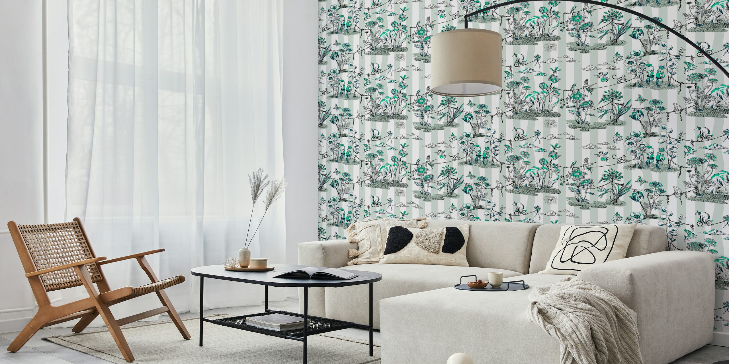 Tropical jungle scene with animals and plants in blue and green wallpaper
