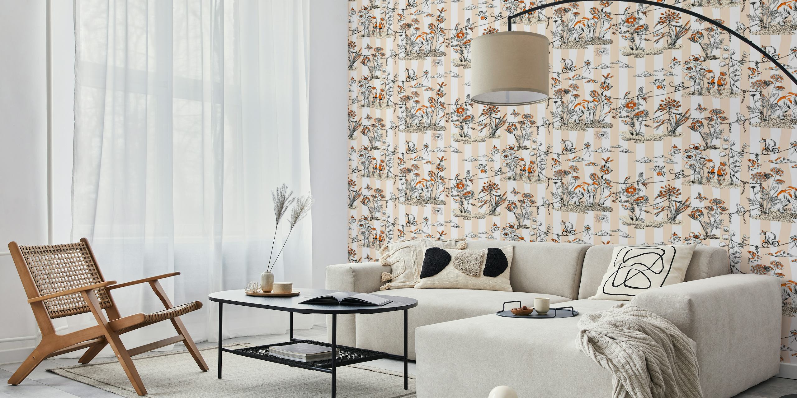 A whimsical jungle-themed wall mural in white and tangerine tones with playful animals and plants.