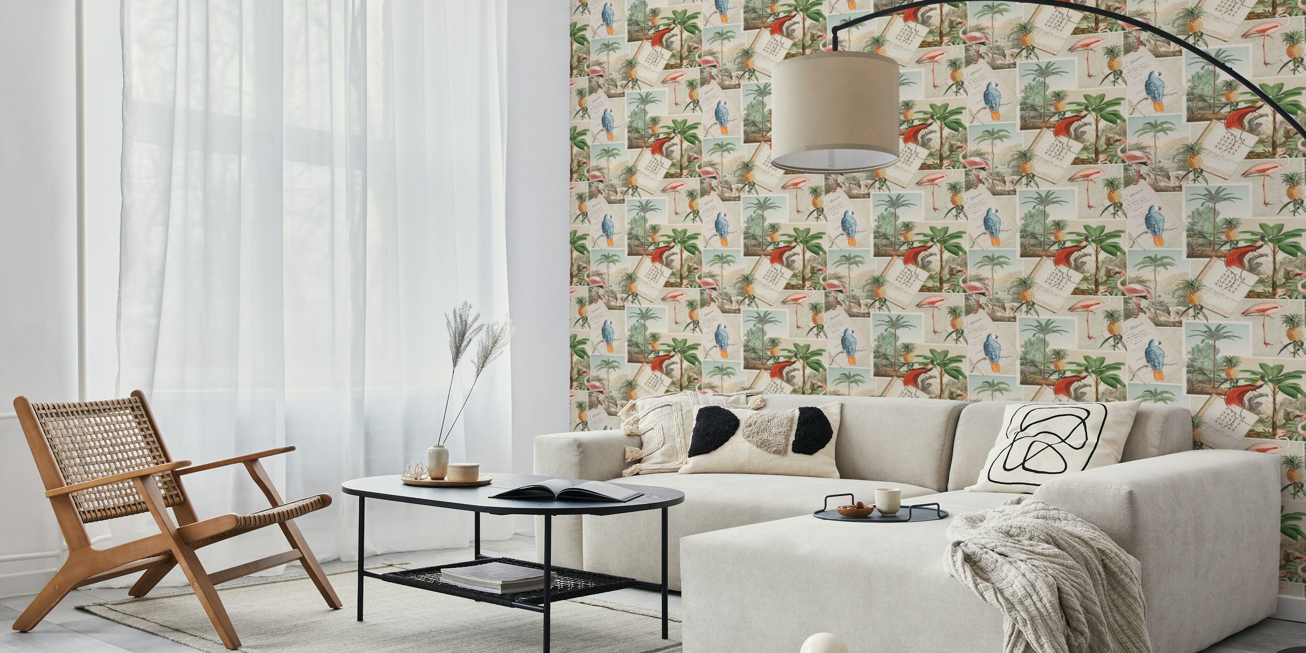 Vintage botanical collage wallpaper w pokoju