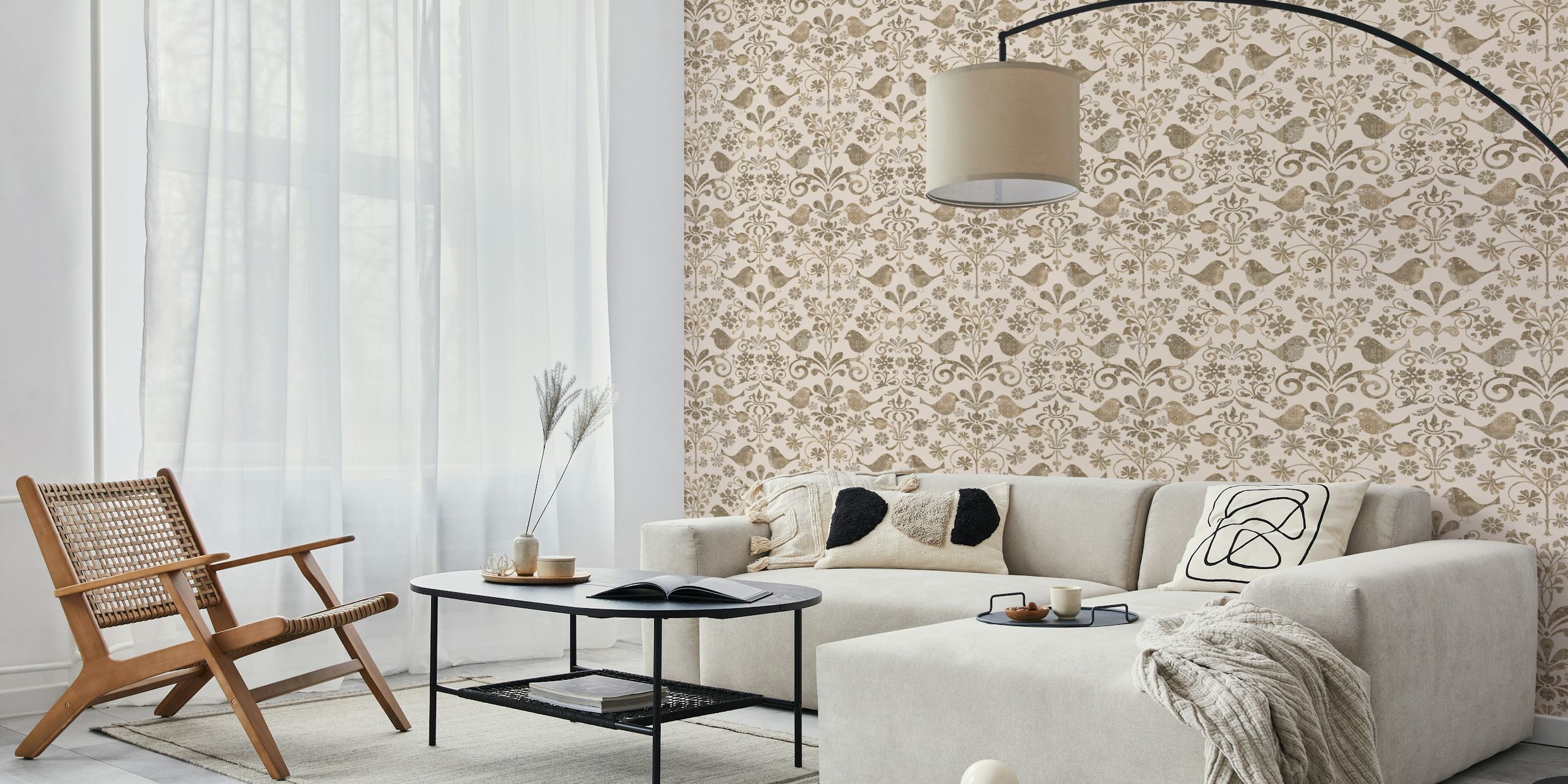Birds and florals wallpaper in a room