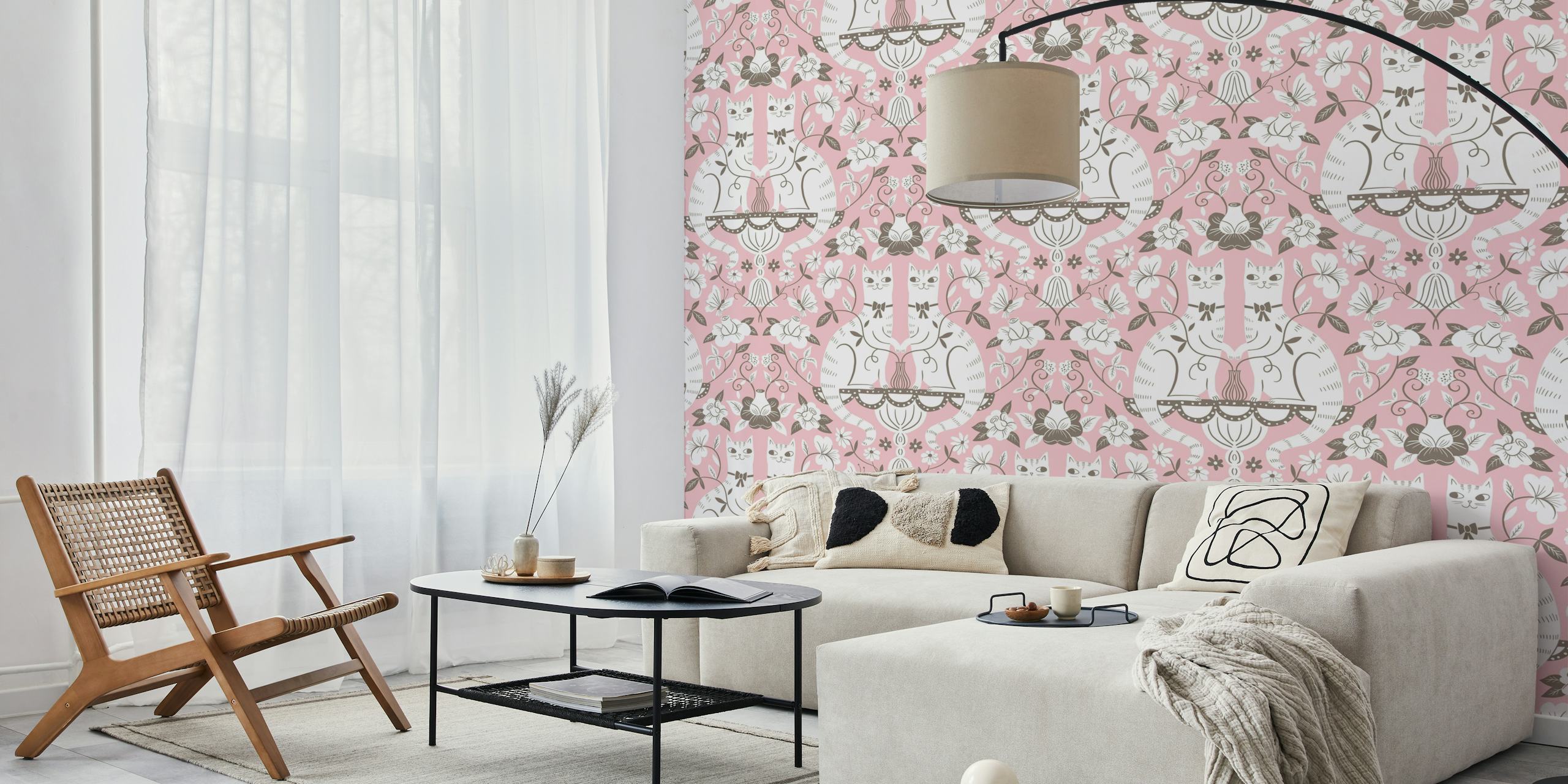 Damask romantic cats wallpaper in a room