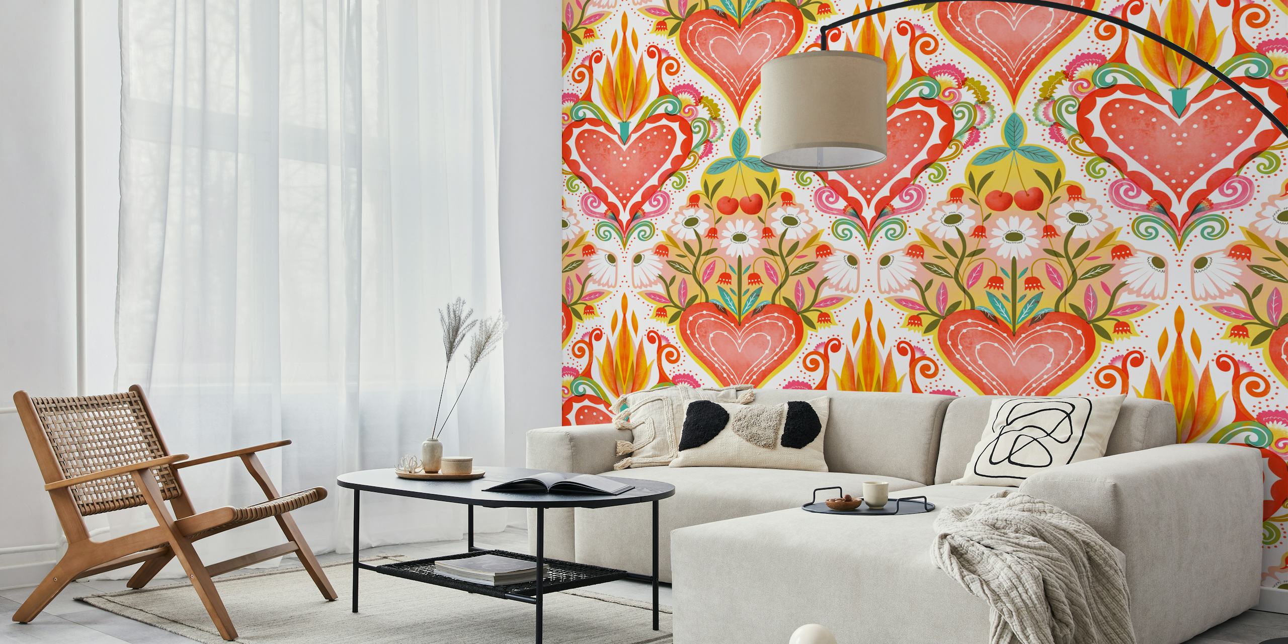 Colorful floral heart design in red, yellow, and green wallpaper