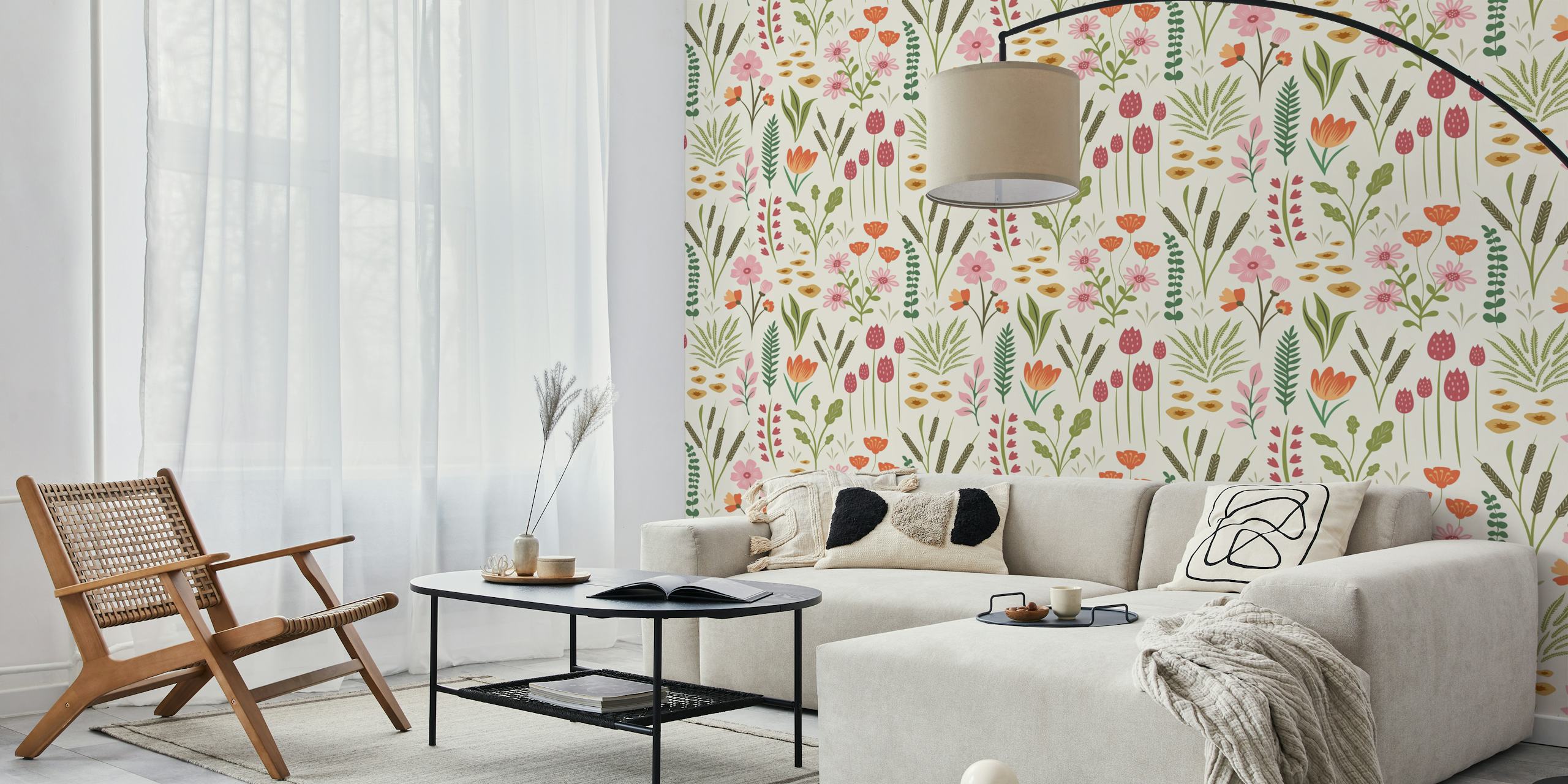 Illustrative wall mural of an array of wildflowers in pastel colors