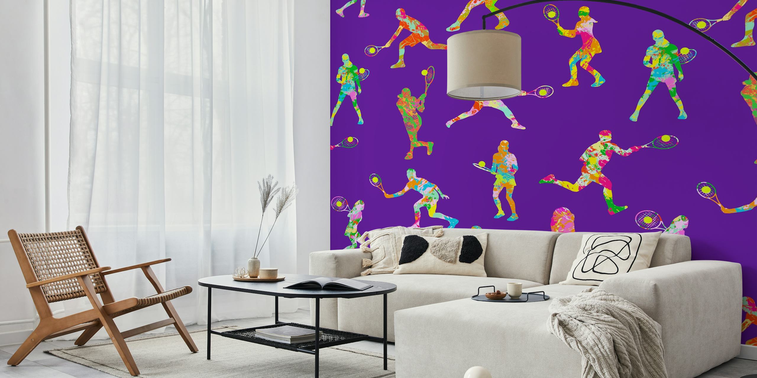 Colorful tennis players pattern wall mural on a purple background