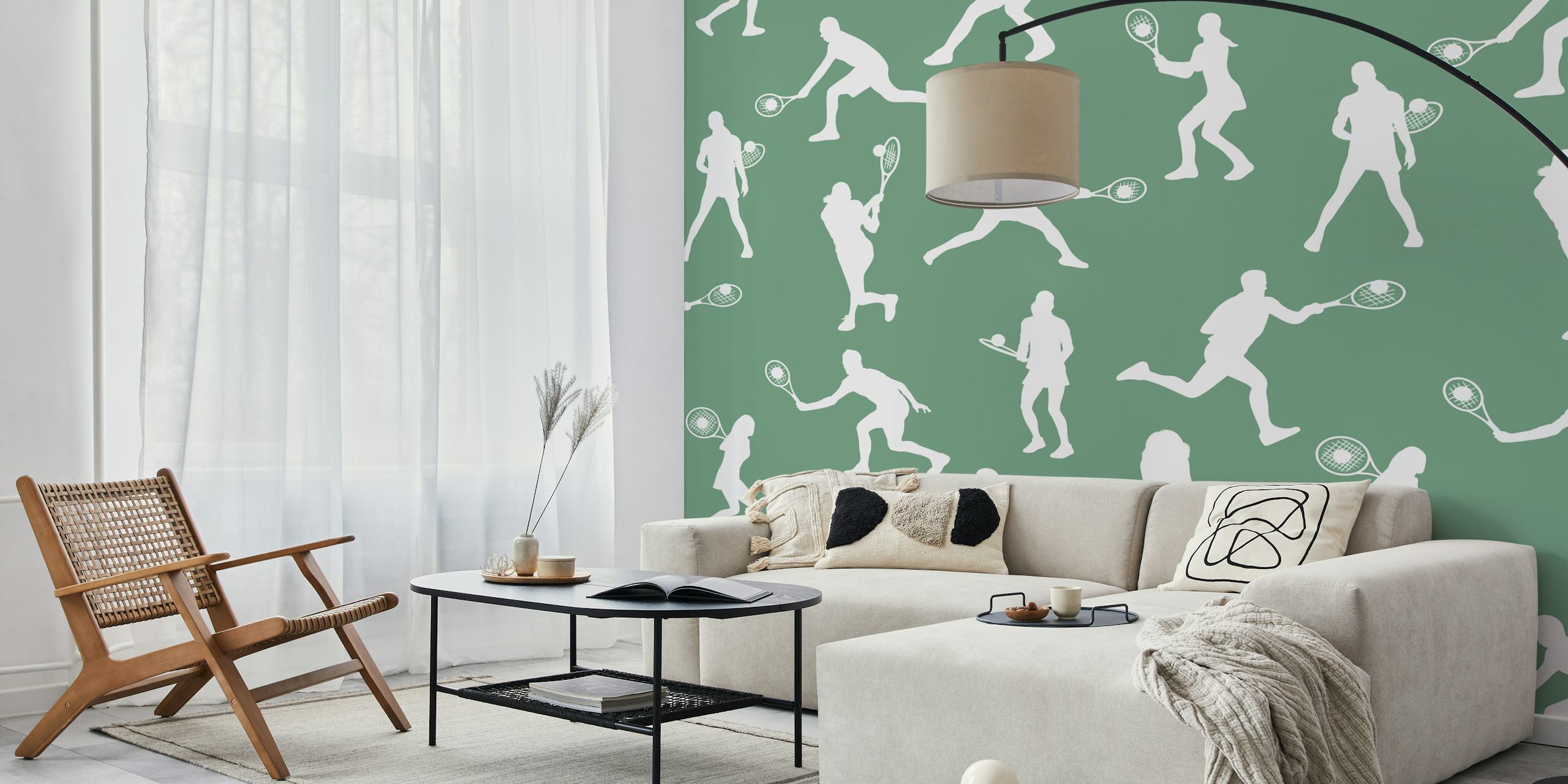 Silhouettes of tennis players in various poses on a green background wall mural