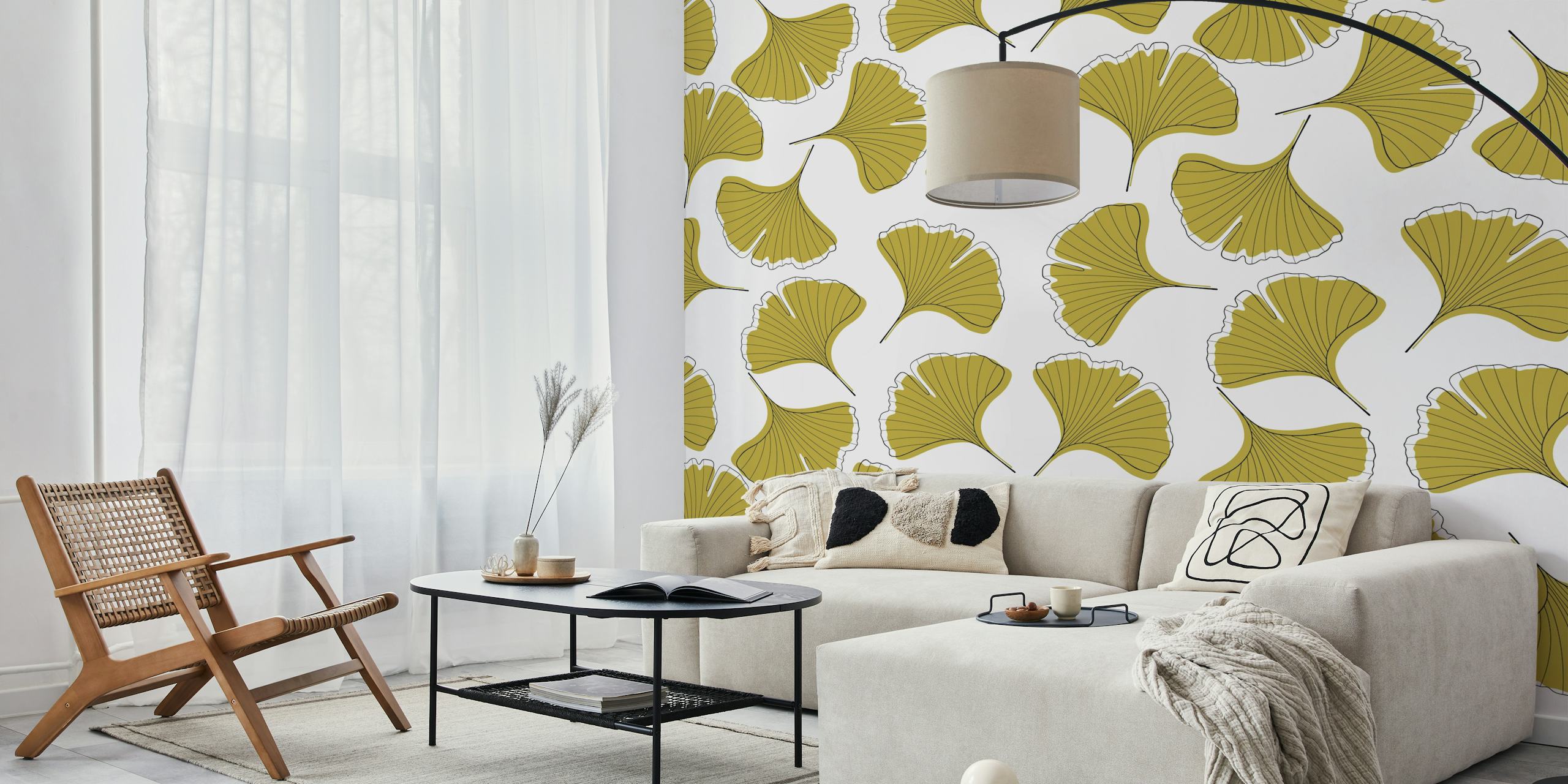 Ginkgo Biloba leaves pattern in green and white wallpaper