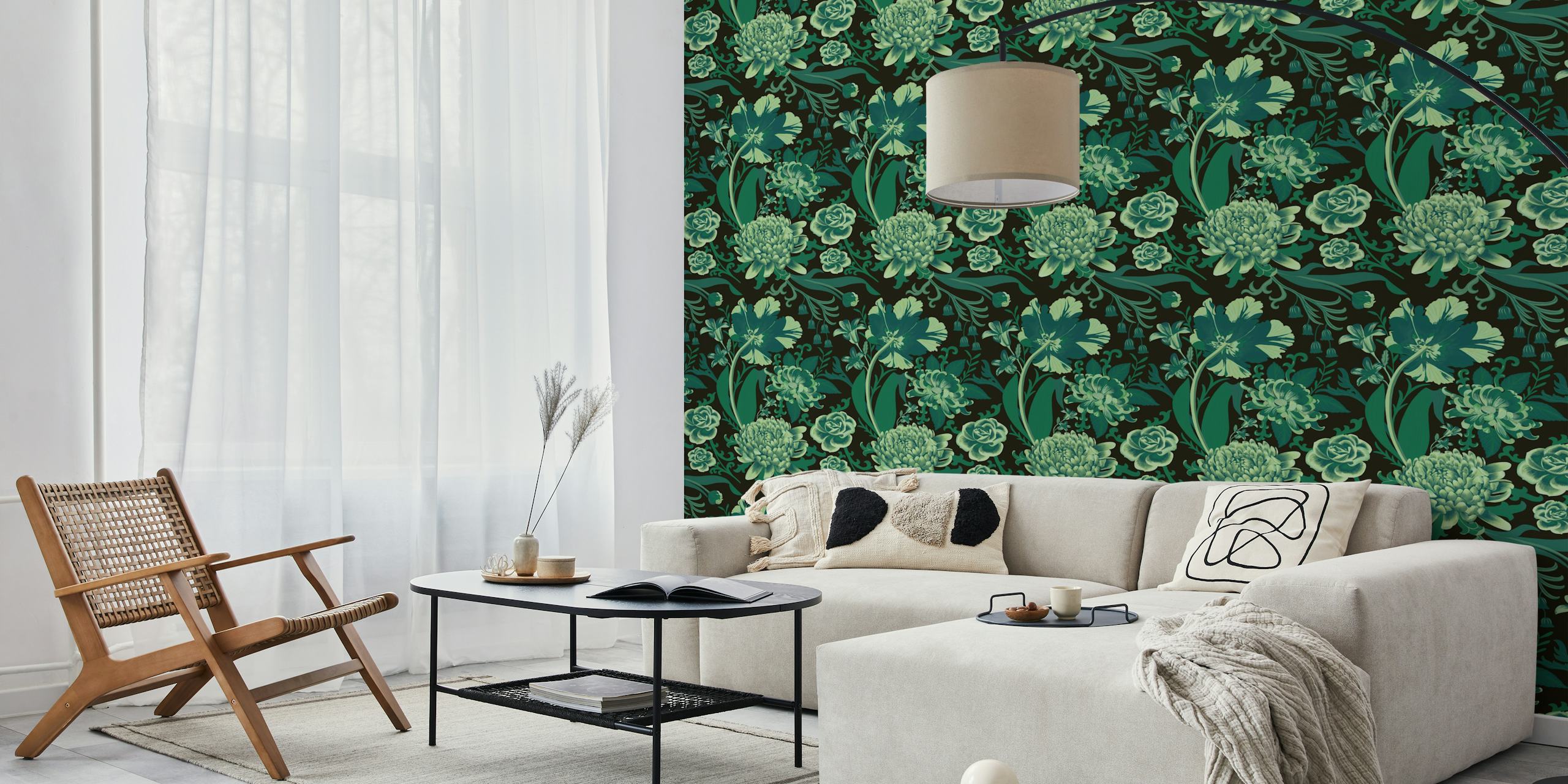 Rococo flowers in green papel de parede exibido em uma sala